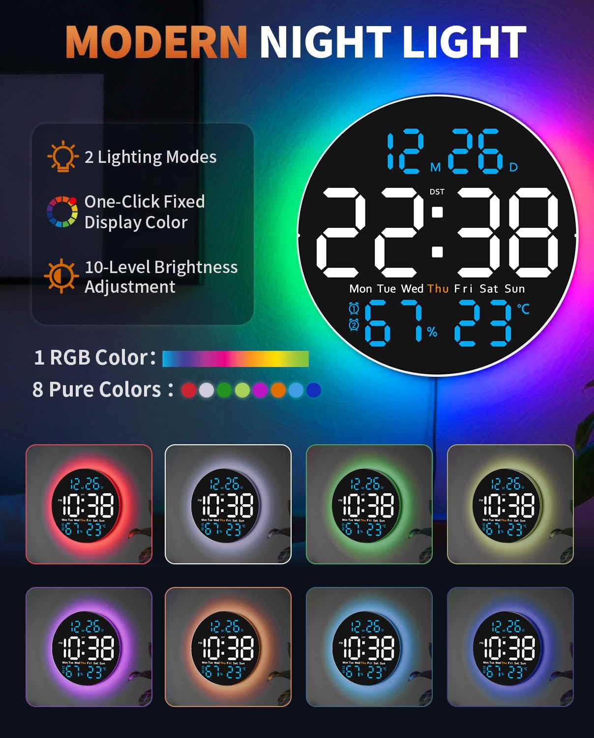 GLOKUUCA 10 Inch Large Digital Wall Clock with 9 Color Changing Remote Control, Date Week Temperature, Auto Brightness Dimmer Big Clock with Night Lights,Blue