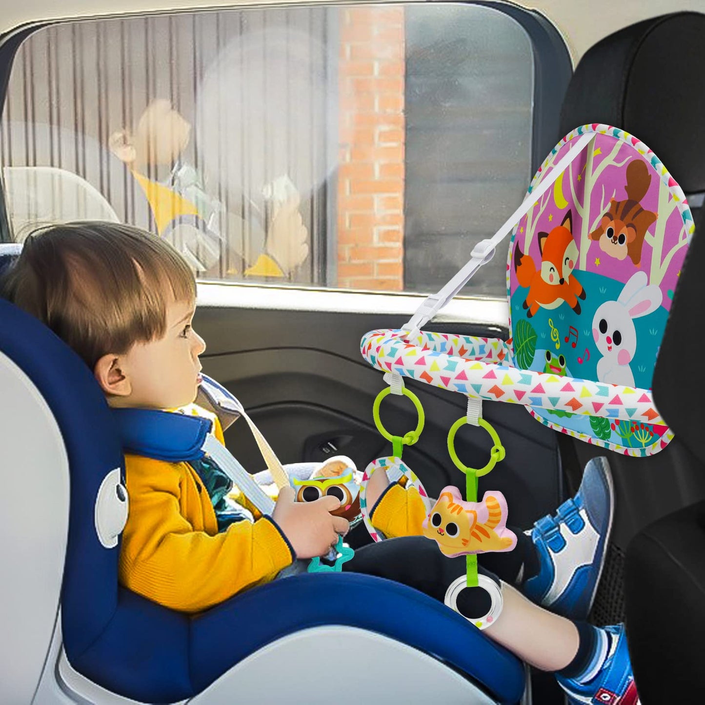 OKOOKO Car Seat Toy Rear Facing Car Seat Toy Baby Travel Toy Double-Sided with Baby Mirror Plush Toys Rattle Teether Thickened Pad Adjustable Sensory Toy for Newborn Infant