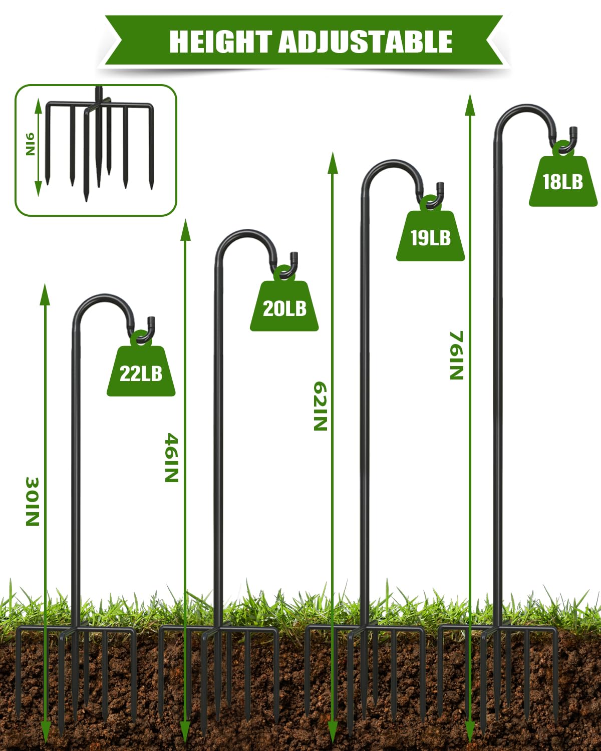 NSITEHALO 1Pack 76 Inch Adjustable Shepherds Hooks for Outdoor, Heavy Duty Shepherds Hook for Bird Feeder with 7 Prongs Base, Metal Plant Hanger Pole for Hanging Baskets, Lanterns, Hummingbird Feeders