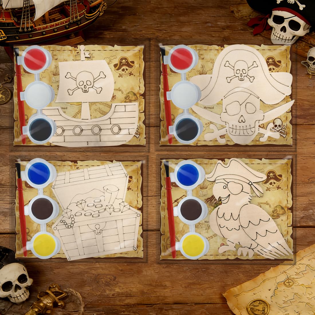 Jekocet ㅤ Pirate Party Favors 24 Pack Pirate Wooden Painting Craft Kits with Cards for Pirate Themed Party Decorations