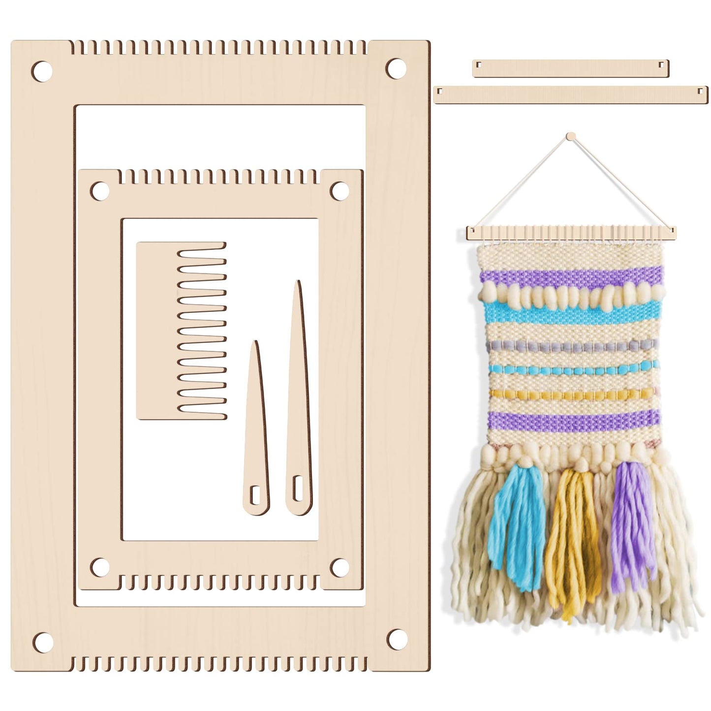 Juexica 7-Piece Weaving Loom Kit for Beginners, Complete Wooden Small Weaving Loom with Stick,Comb,Crochet Needle, DIY Craft Kit for Adults, Ideal Gift for Mother's Day Birthday Christmas(Beige)