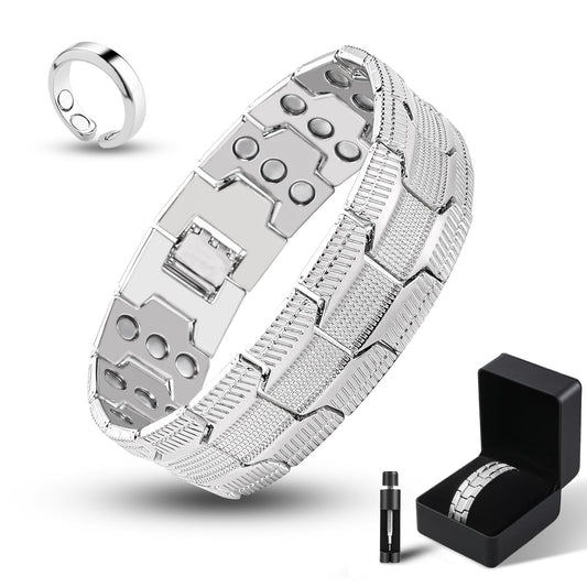Fvbber 3X Magnetic Bracelets for Men Triple Strength Magnets with Pure Copper Adjustable Length Bracelet for Wrist Support & Wellness - Includes Sizing Tool and Gift Box (Silver)