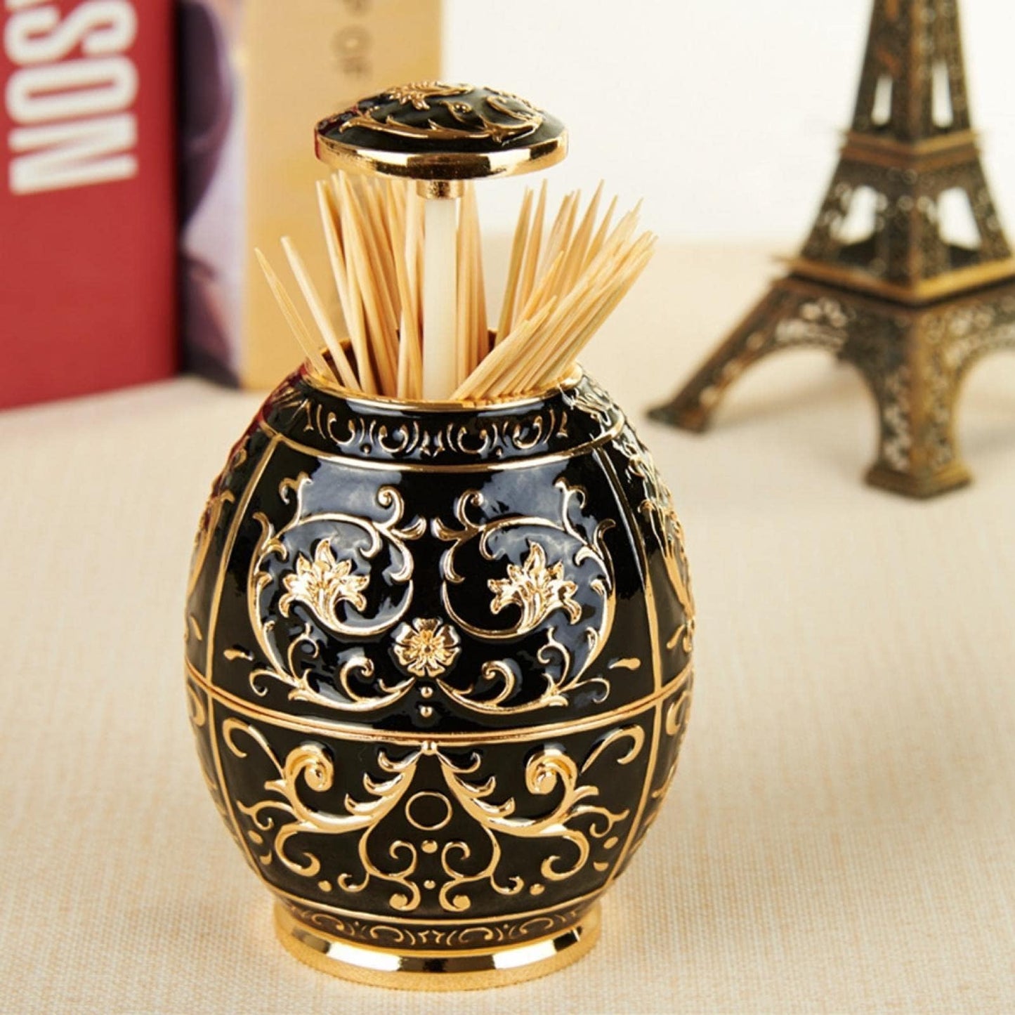 Retractable Toothpick Holder Portable Toothpick Dispenser Hand Push Toothpicks Case Automatic Retro Pop up Toothpicks Storage Organizer Container for Kitchen Home Restaurant Decoration(Gold+Black)