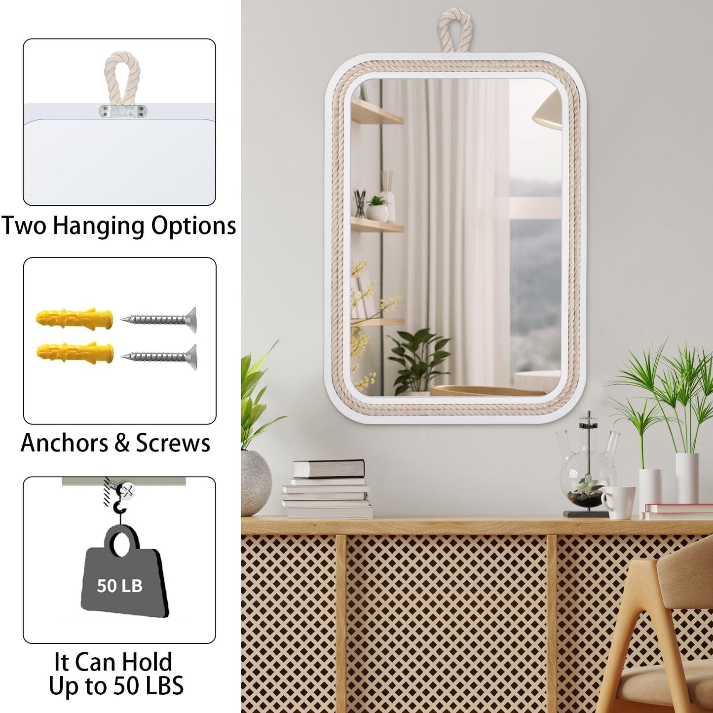 Nautical Rope Mirror Rectangle Wooden 22''Lx16''W White Decorative Mirror Farmhouse Hanging for Bathroom,Livingroom,Entryway-Beachy Coastal Wall Mirror Decor
