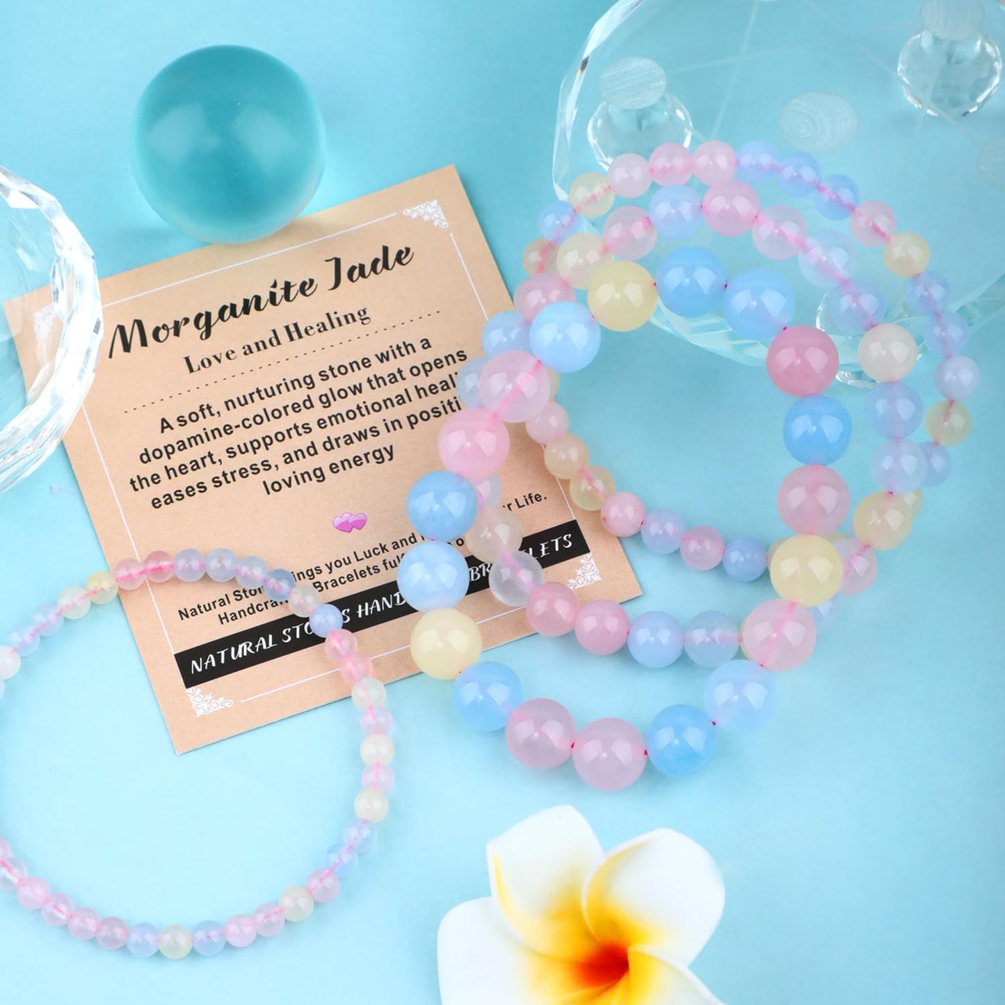 AD Beads 6mm Handmade Morganite Jade Elastic Bracelet – Natural Gemstone for Joy & Positivity – Meditation, Yoga, Healing and Energy Gift for Men Women