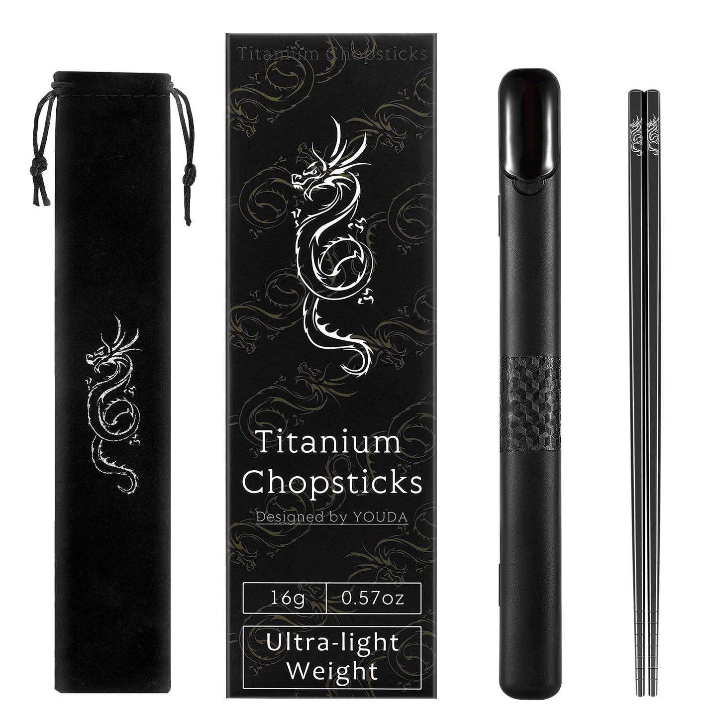 Youda 99.8% Pure TITANIUM Chopsticks 1 Pairs with Black Carrying Case Ultralight and Reusable Chopsticks for Camping, Home, Travel