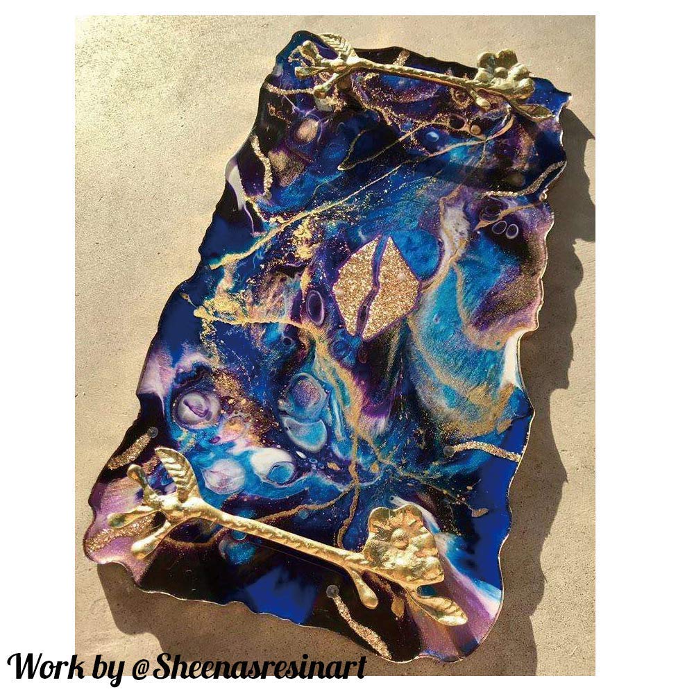 RESINWORLD 2 Size 14 inches XL Large Tray Silicone Molds Epoxy Resin Geode Tray Mold with Gold & Silver Handles DIY for Making Tray (Rectangle)