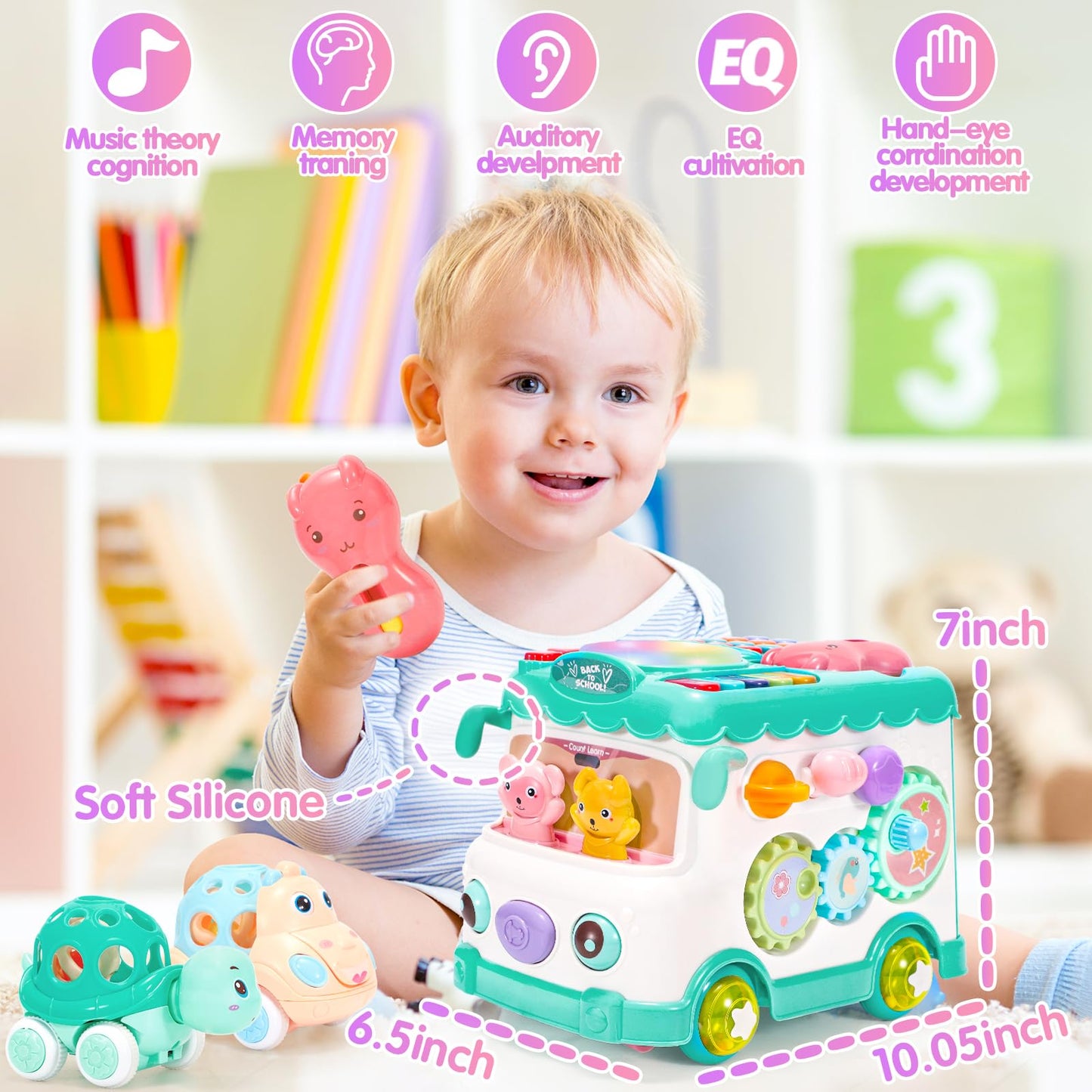 AmiDear Baby Gift for 1-2 Year Old Girl, 10-in-1 Montessori Toys Bus for Baby 6-12-18 Months+, First Christmas and Birthday Gifts, Blue Educational Musical Sensory Learning Toddler Toys Age 1-2
