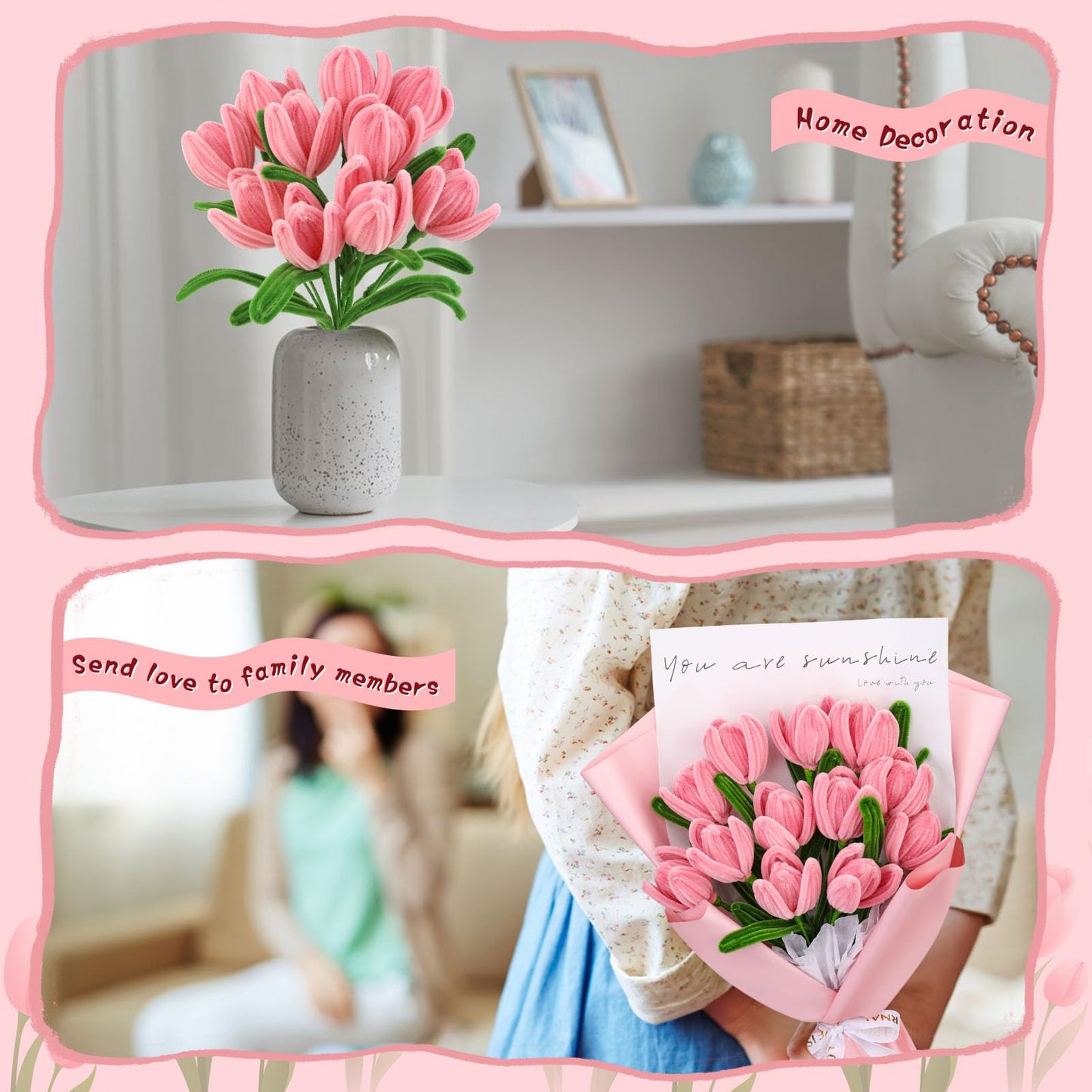 UzecPk Pipe Cleaner Flower Kit, Pipe Cleaners Bulk, Chenille Stems Pink Pipe Cleaner Craft, Pipe Cleaners Flowers with Floral Wire, Floral Tape, Instructions for Mother's Day Craft Home Decoration