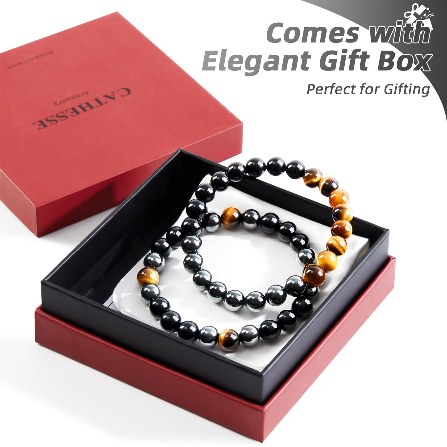 CATHESSE 2PCS Triple Protection Bracelet Set, Natural Tiger Eye Black Obsidian Hematite Beaded Stretch Bracelets for Men Women, Handmade Crystal Jewelry Gift for Stress Relief & Balance (Guardian Stack)