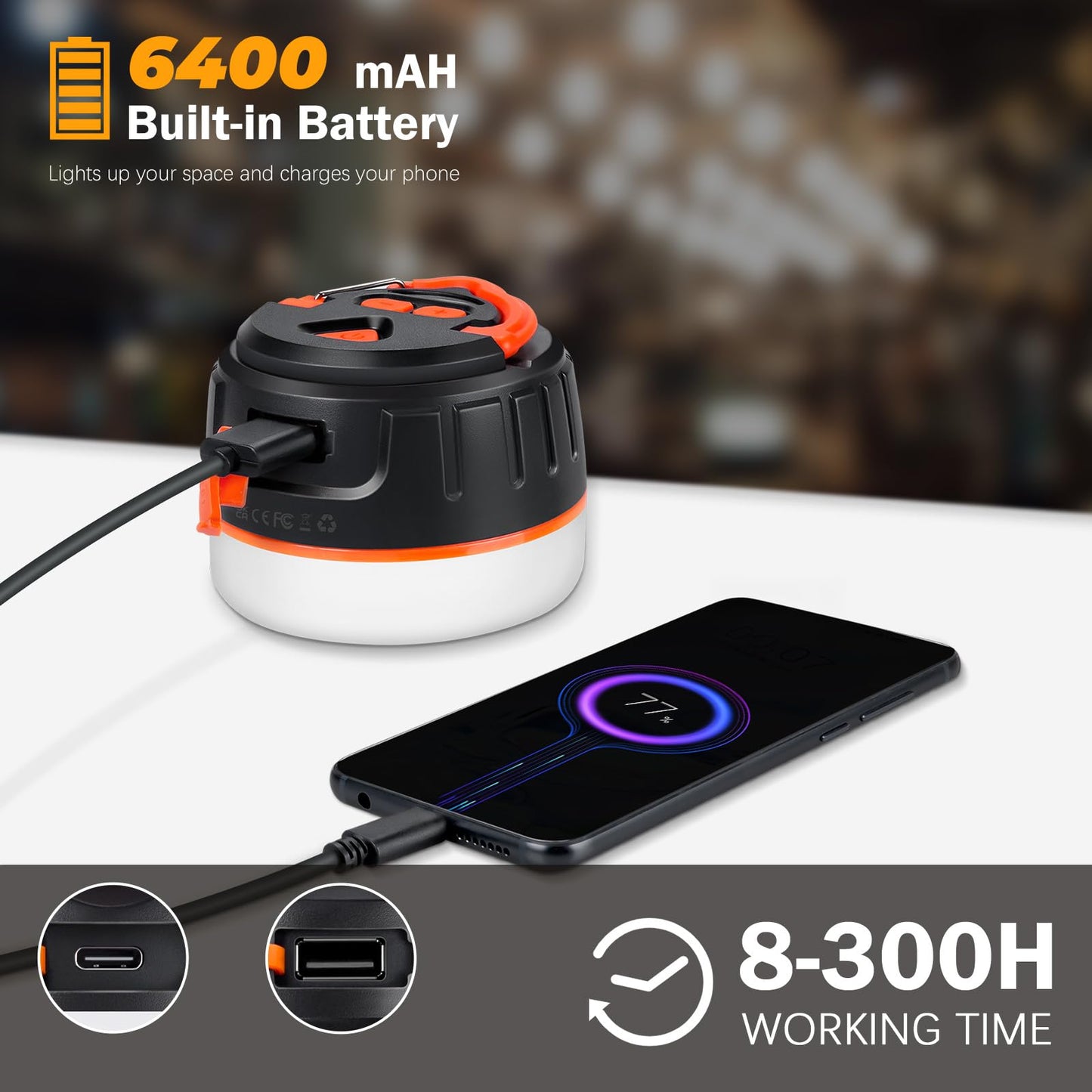 Yonktoo Camping Lantern Rechargeable, 300H Runtime, 6400mAh, IPX5 Waterproof Tent Light for Camping, Hiking, Power Outages, Home, Emergency - Standard Edition,Orange