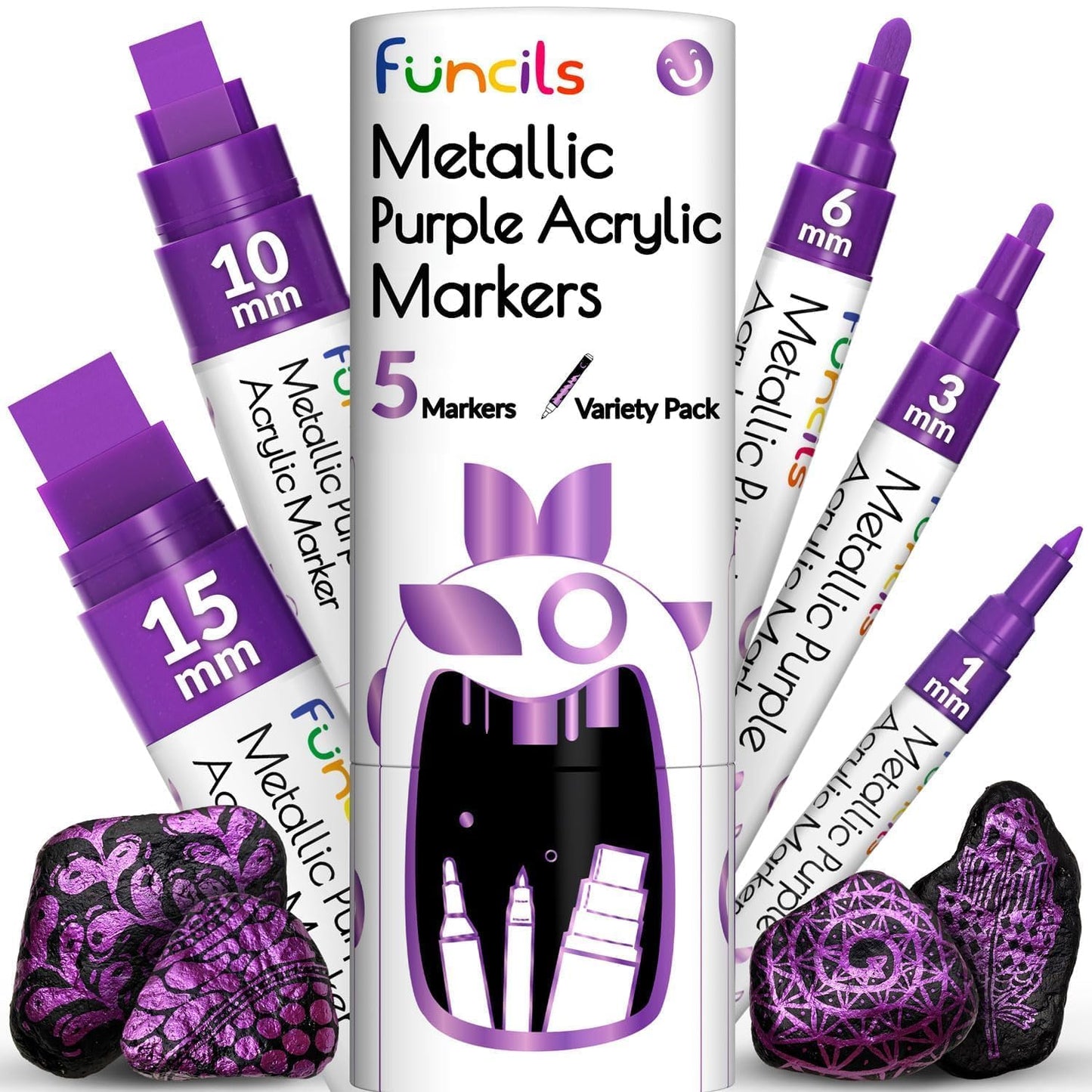 5 Metallic Acrylic Purple Paint Pen - Extra Fine Tip, Thin & Jumbo (1mm, 3mm, 6mm, 10mm, 15mm) - Markers for Fabric, Metal, Plastic, Canvas, Wood, Rock Painting, Glass, Purple Permanent Marker
