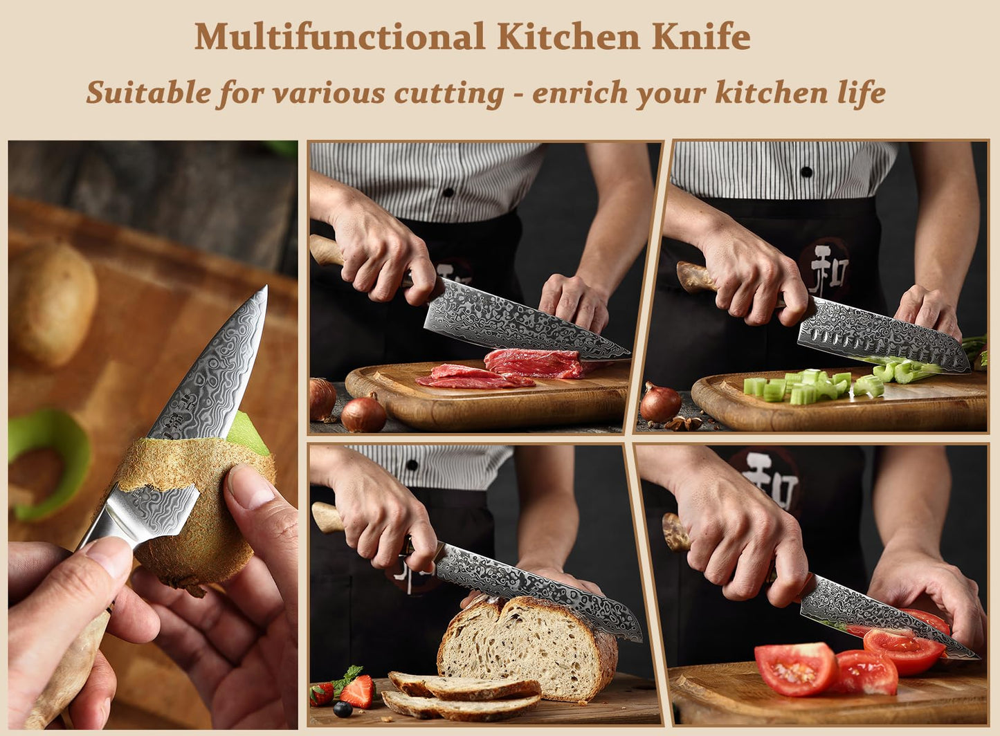 HEZHEN Damascus Kitchen Knives Set, Damascus Steel Japanese Style Chef Knife Utility Knife Santoku Knife,Figured Sycamore Wood Handle