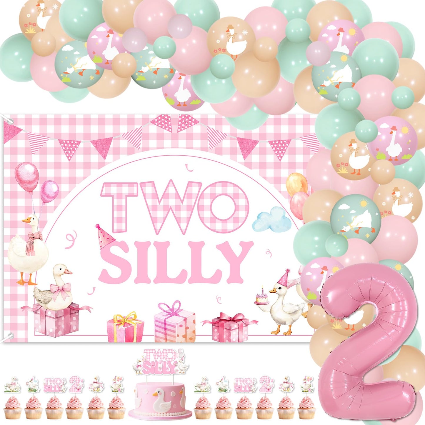 Two Silly Goose 2nd Birthday Decoration Little Goose Backdrop Gingham Cake Cupcake Topper Pink Green Apricot Latex Balloon Garland Arch Kit for Girl Farm Animal Second Birthday Party Supplies
