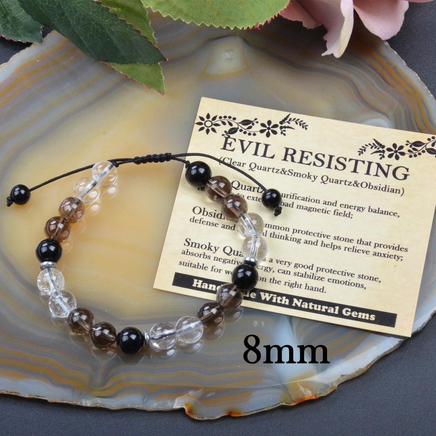 CHCCOYE 8mm Handmade Adjustable Natural Gemstone Crystal Bracelet Healing Power Energy Inspirational Gifts with Card for Unisex (Negative Resistance)