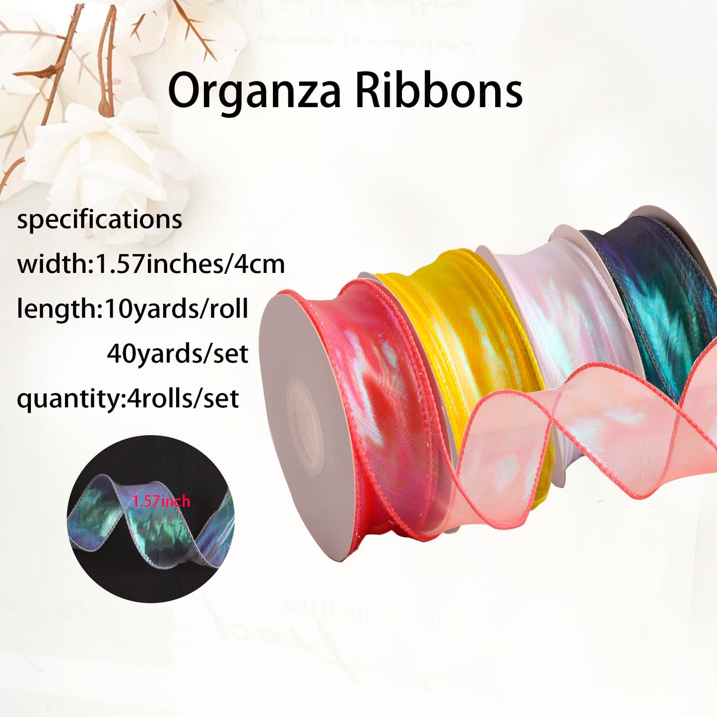 CMFYHM 4 Rolls 4 Colour Organza Ribbon 1-1/2 Inch Wide 10 Yards Wired Chiffon Ribbon for Gift wrap Bow DIY Craft Bouquet Wreath Baking Baby Shower Wedding Parties Valentine Christmas Tree Decoration
