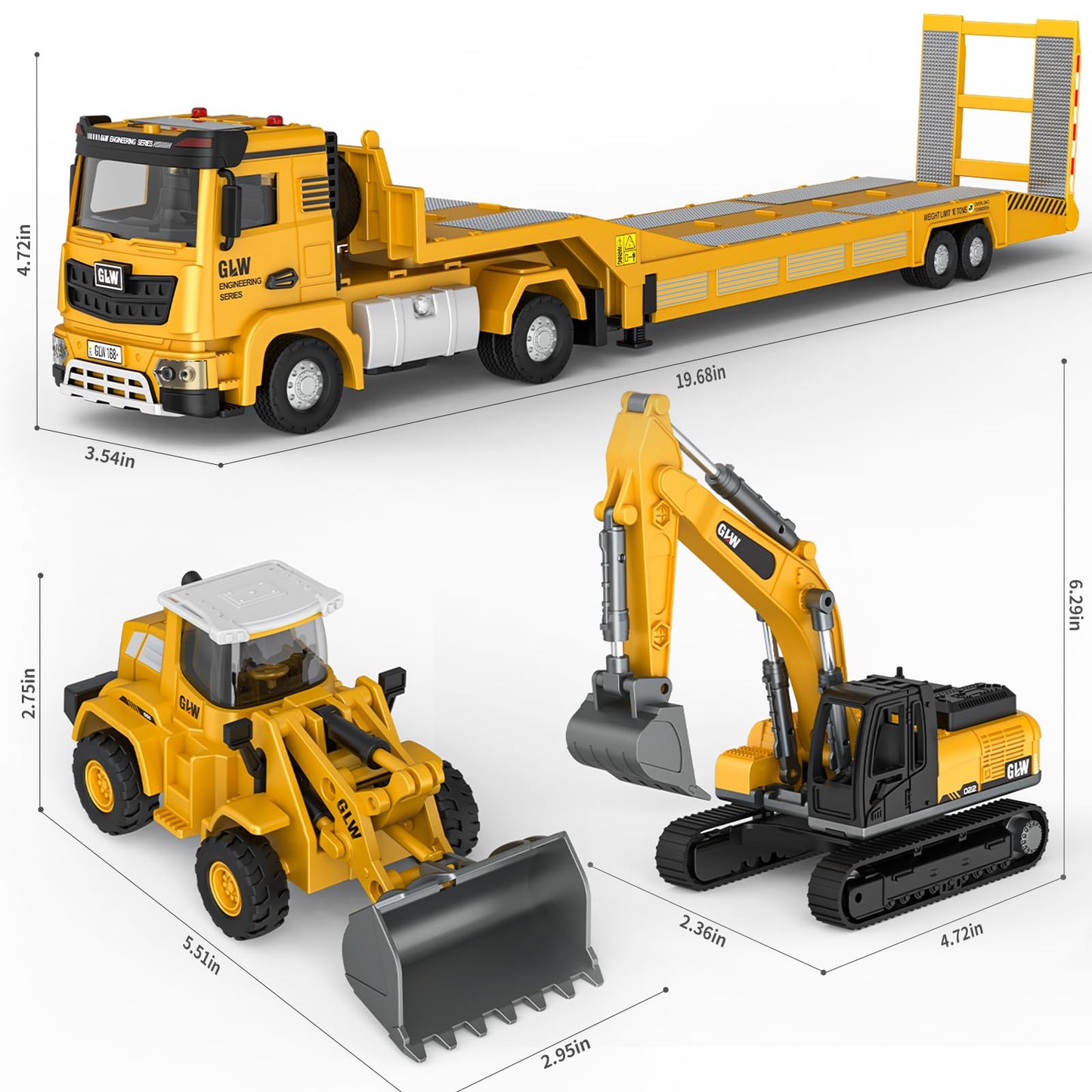 Pupu Pig Kids Toys for 3 4 5 6 7 Years Old Boys, Die-cast Construction Toys Set w/Semi Truck, Excavator, Bulldozer, Alloy Engineering Construction Vehicles Truck Toys w/Lights & Sounds, Model Cars