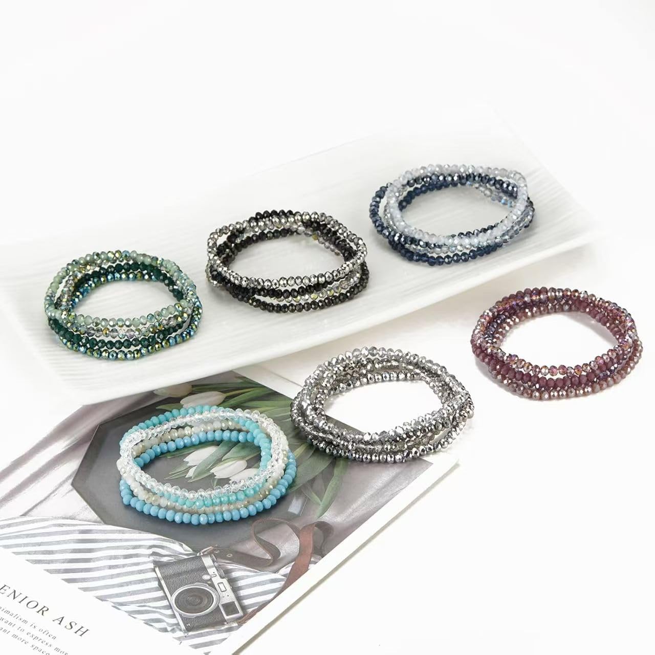 ChungLong0593 Boho Colorful Stackable Crystal Glass Beads Stretch Bracelets Multilayered Bracelets for Women Bohemian Jewelry-Black 4pcs