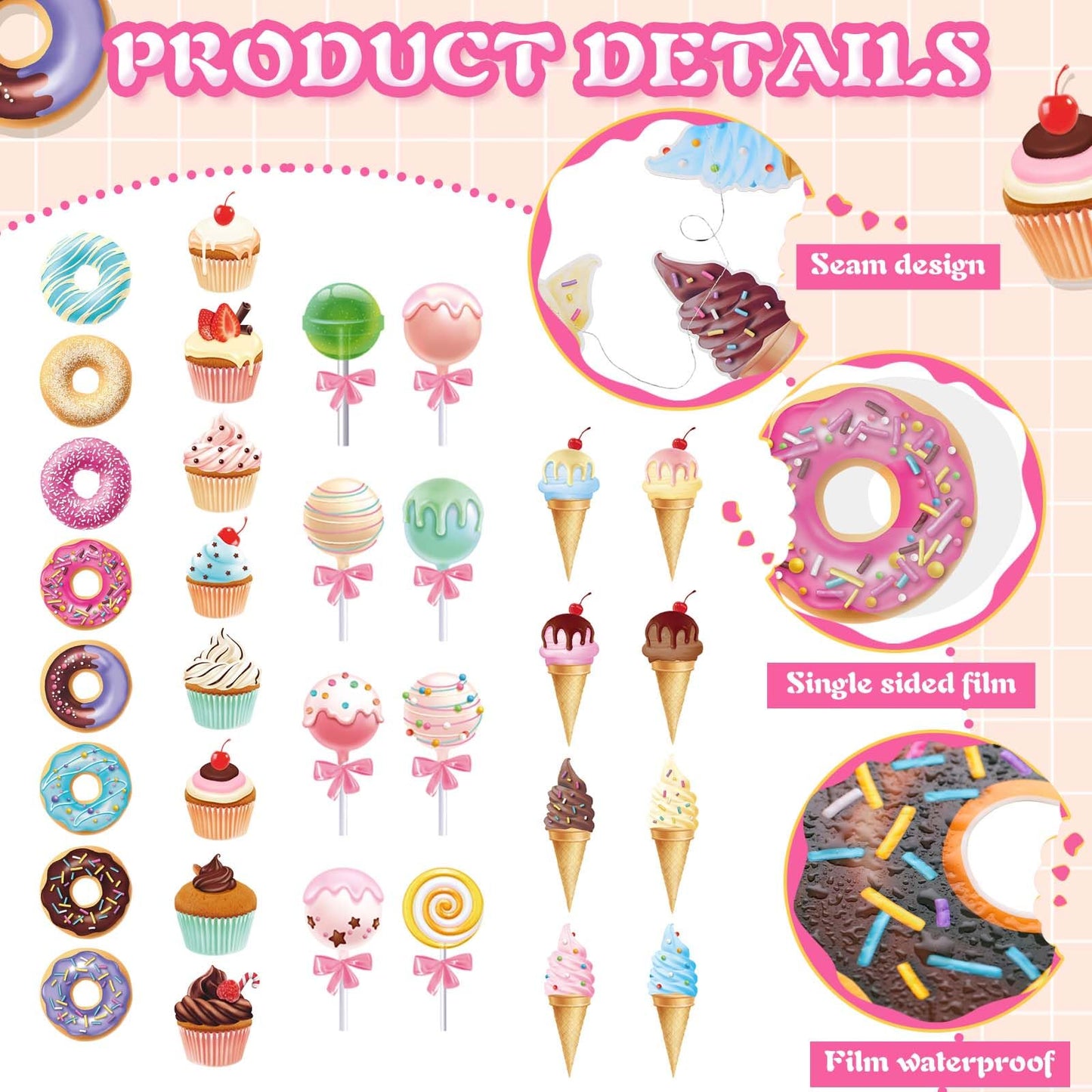Saypacck 64 Pcs Candy Party Decorations Includes 8 Pack Ice Cream Party Banner Donut Theme Lollipop Cupcakes Banner Hanging Donut Garland Kit for Grow up Birthday Party Supplies