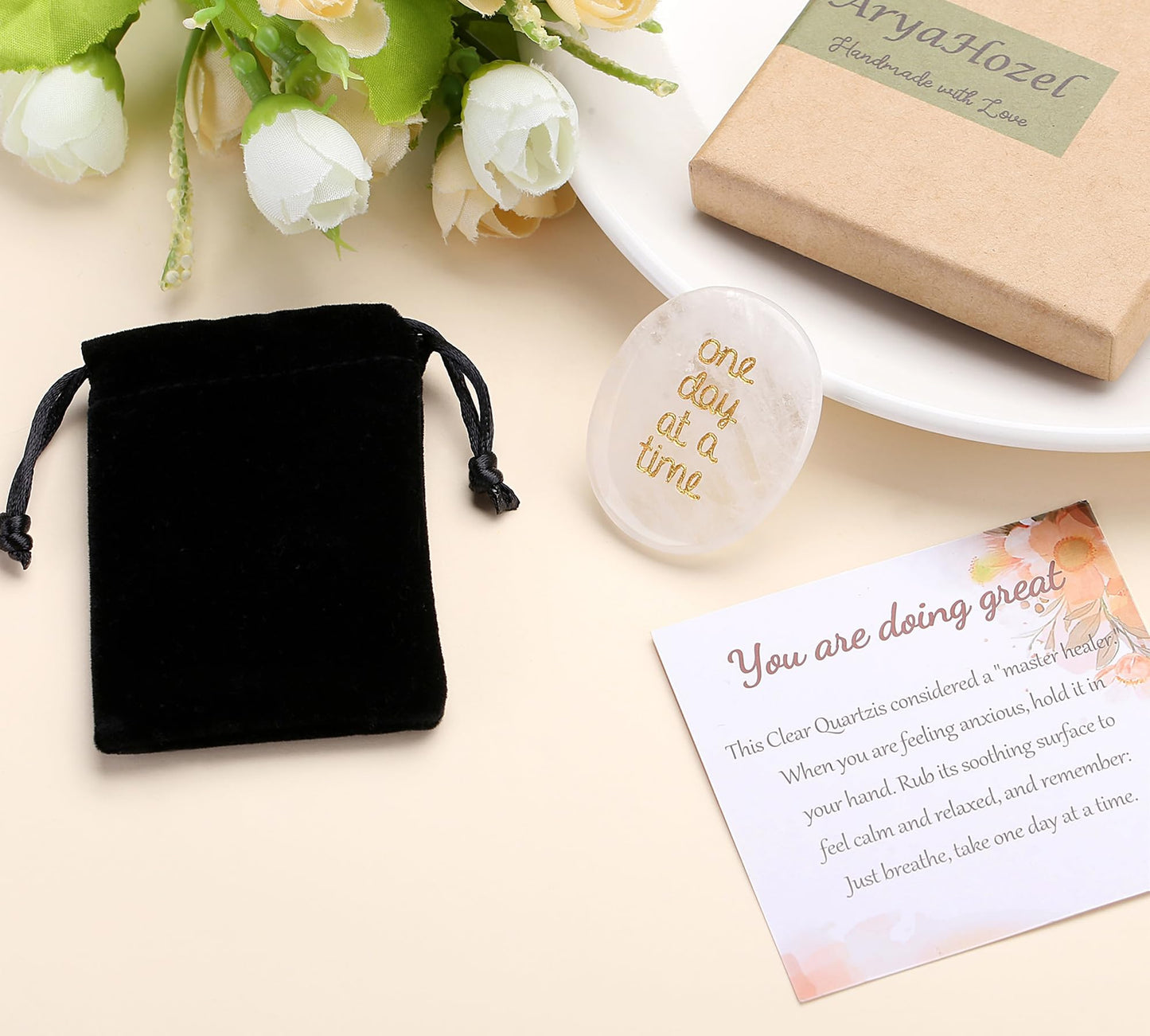 QINJIEJIE One Day at A Time Clear Quartz Worry Stone Healing Crystal Thumb Stones Thinking of You Gifts for Anxiety Relief Items You Got This Inspirational for Friend Encouragement Gift for Women Men