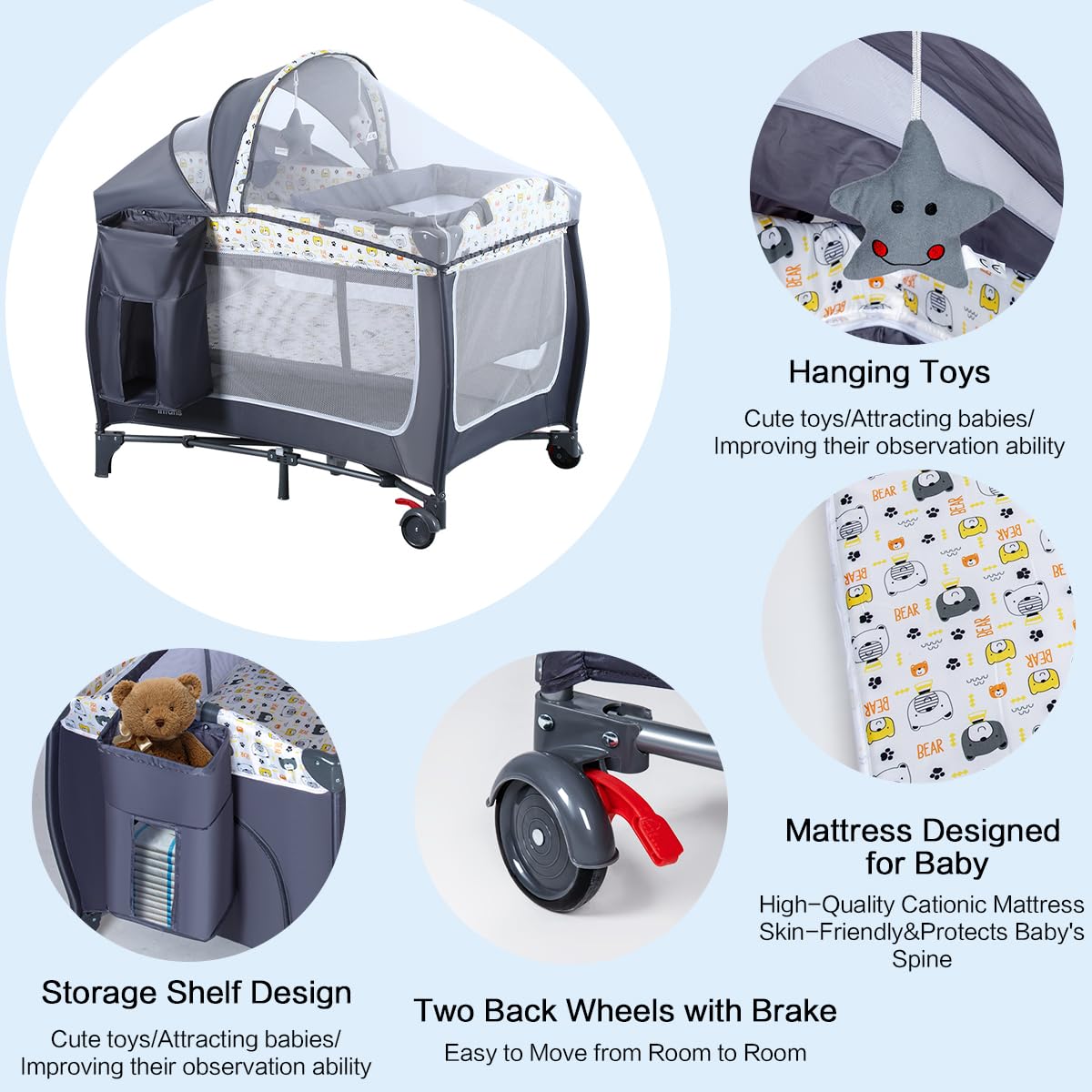 4 in 1 Pack and Play,Portable Nursery Center Baby Playard with Bassinet &Changing Table,Foldable Baby Crib Travel Playpen with Wheels,Removable Canopy with Toys,Storage Bag (Grey)