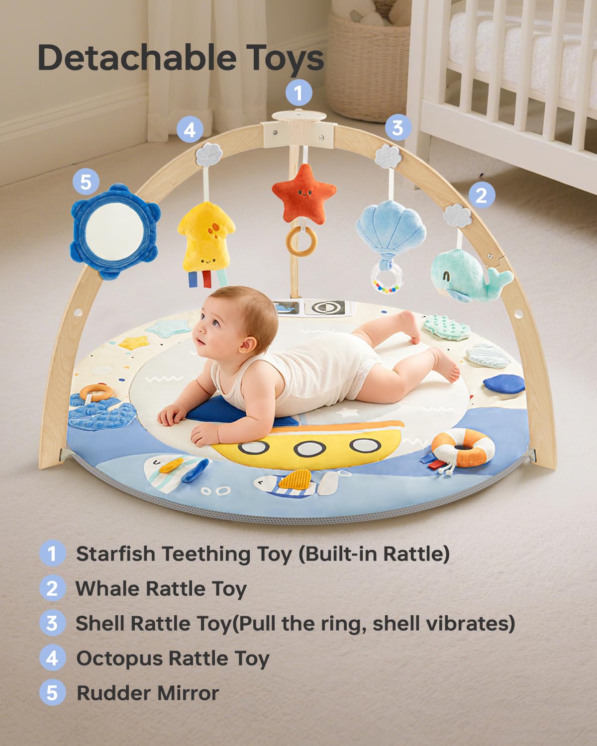 BG-BABYGO Baby Play Gym Activity Mat, 5 Developmental Zones Wooden Tummy Time Mat with 7 Detachable Sensory Toys for Motor Skills & Sensory Development, Baby Essentials Shower Gift, Easy to Install