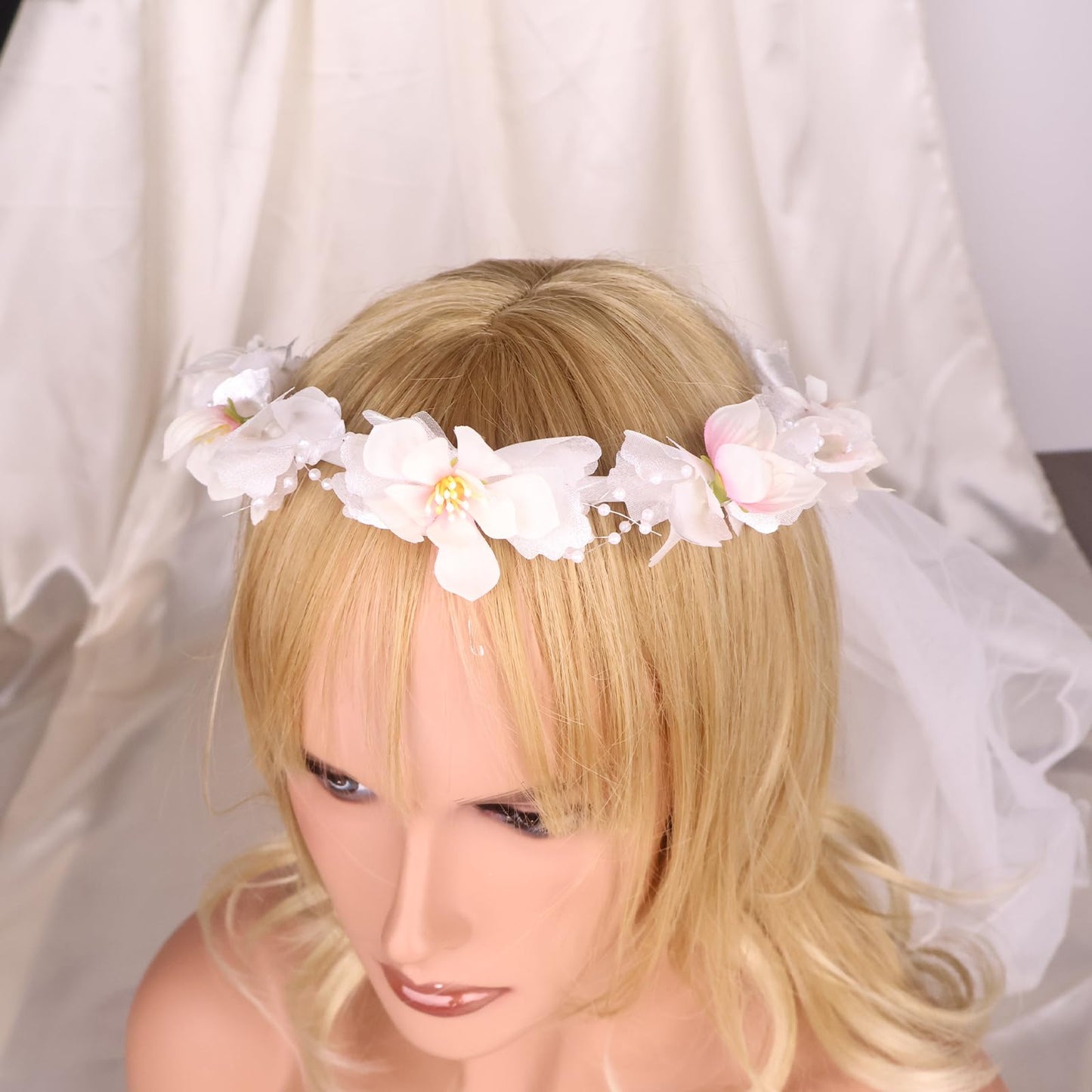 yuruyi Artificial Flower Crown Headband for Women Girls – Boho Floral Wreath Halo for Weddings, Photoshoots, Festivals, Birthdays, and Costume Parties (White Peach Blossom, Adjustable)