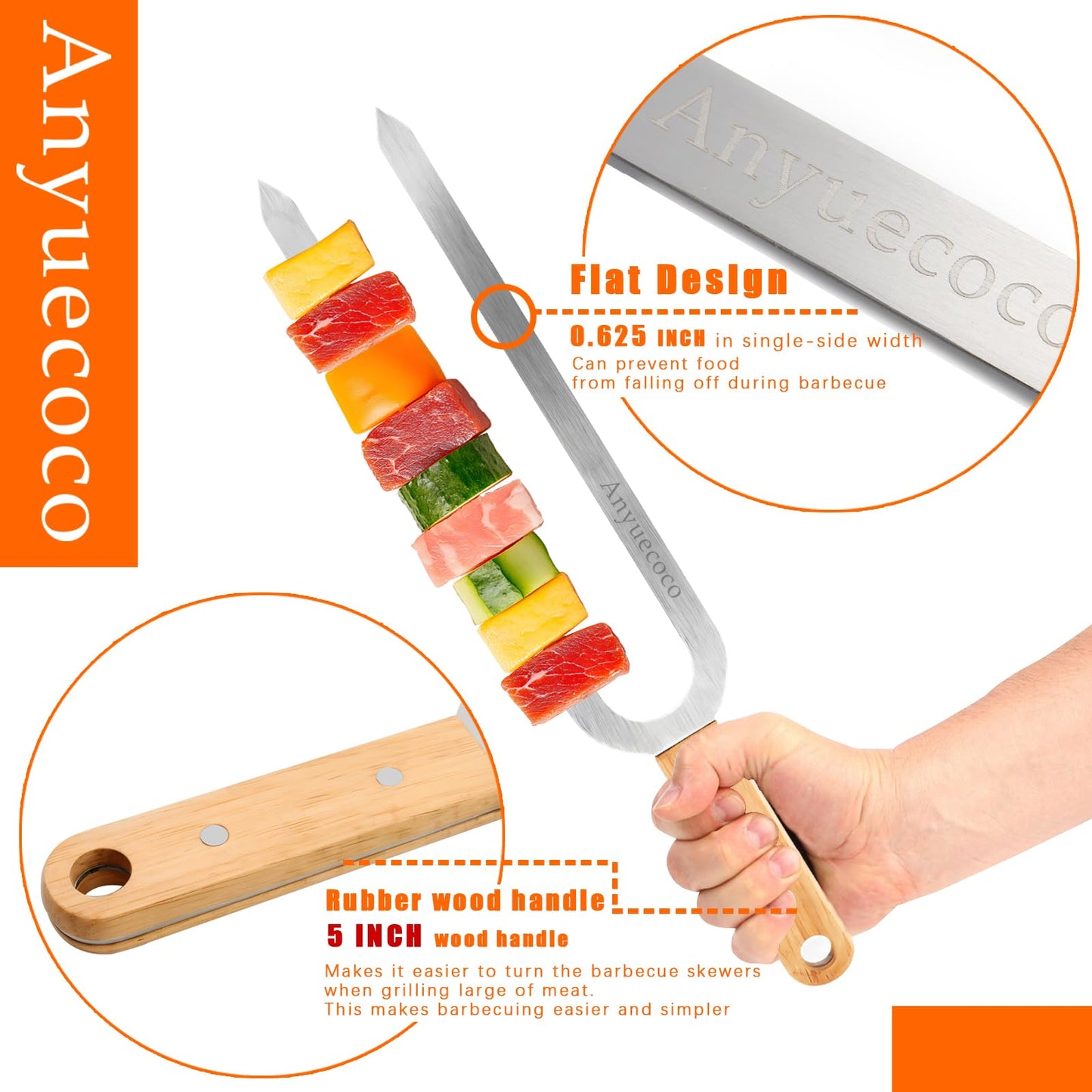 Anyuecoco Skewers for Grilling,2 PCS - 17 Inch Double Pronged Kabob Skewers With Wooden Handles,Heavy Duty Stainless Steel Skewer, Flat Skewer,For Grilling Meat, Vegetables, and Outdoor Cooking