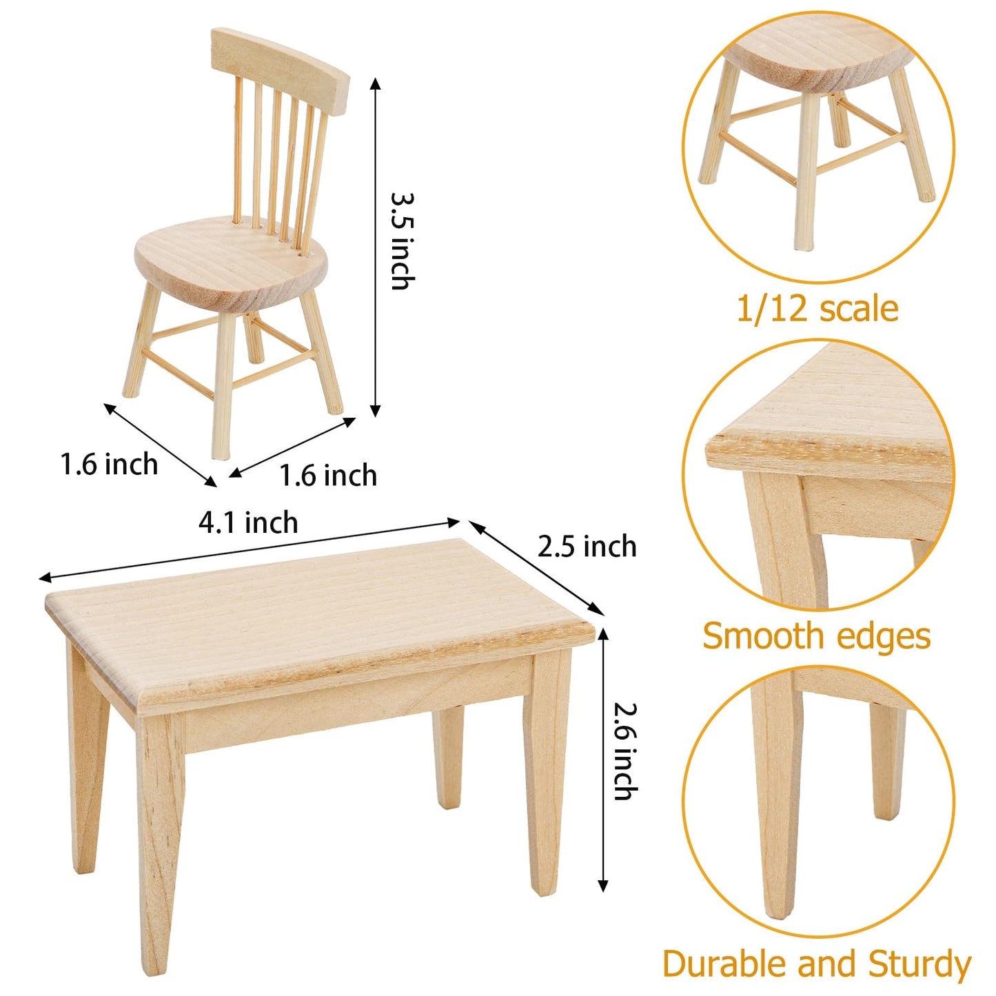 Nicunom Dollhouse Dining Room Furniture Set, 1/12 Scale Miniature Table and 4 Chairs, Wooden Doll House Accessories