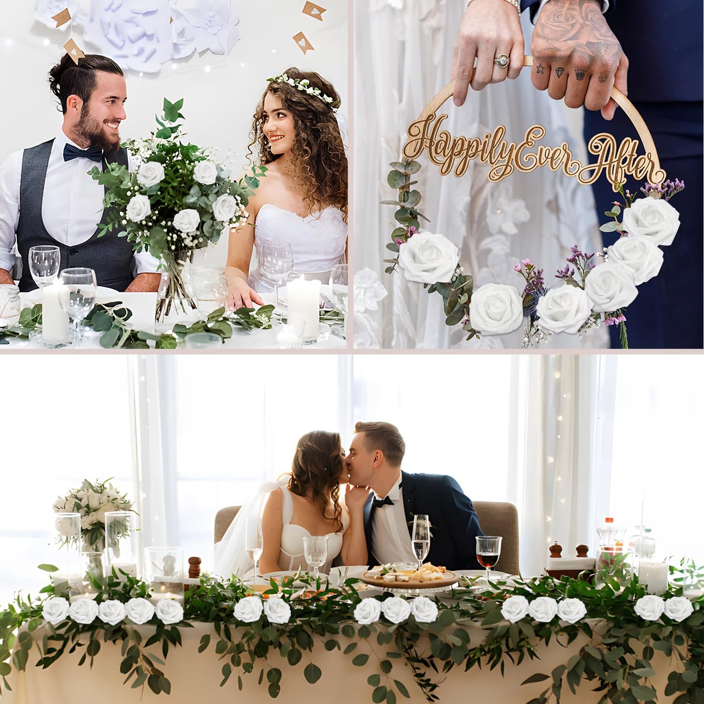 WANTMAZOR 200PCS Artificial Flowers White Roses Real Looking Foam Fake Roses with Leaves and for DIY Wedding Bouquets Bridal Shower Centerpieces Party Decorations (White, 200)