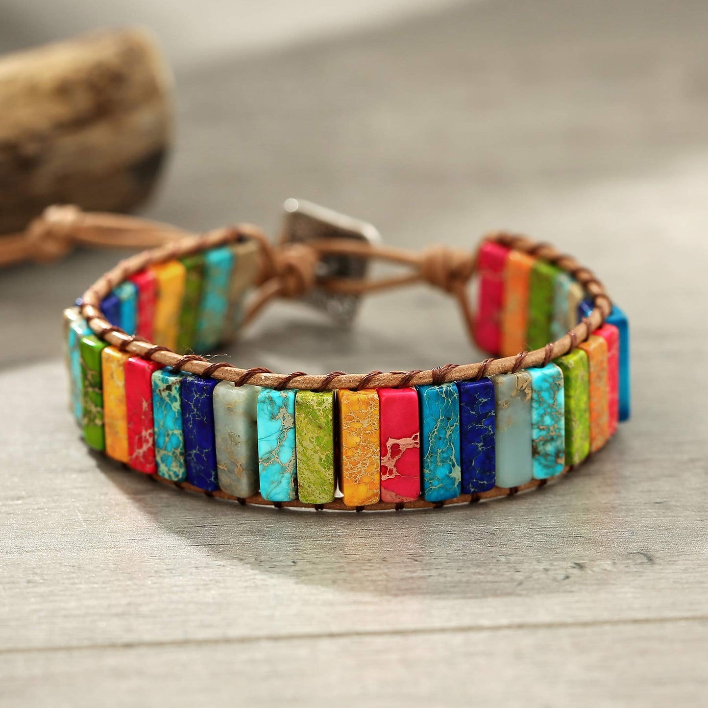 Plumiss Leather 7 Chakra Handmade Imperial Jasper Wrap Adjustable Bead Bracelet for Women Men