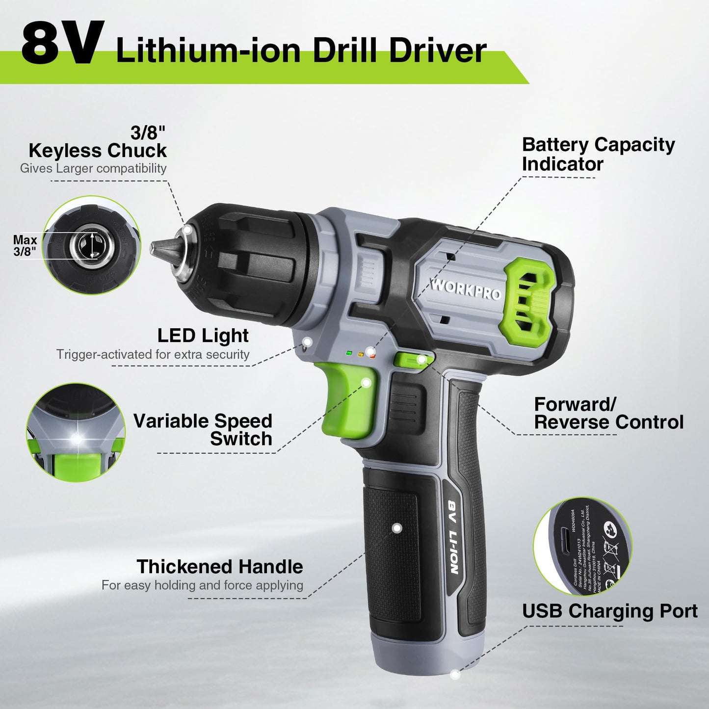 WORKPRO Power Drill Set with Stackable Tool Box, 8V Cordless Drill Driver and Bit Set, 2.0Ah Electric Cordless Screwdriver Kit with 3/8" Keyless Chuck, For Home Repair, DIY