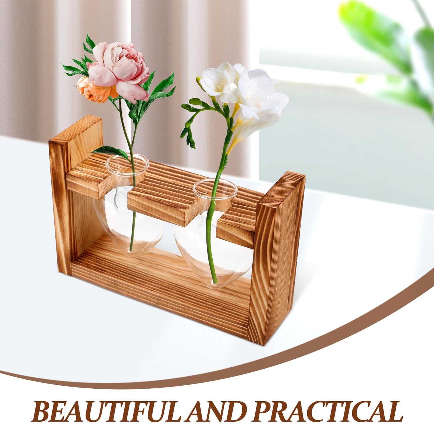 Ipetboom Heart-Shaped Glass Hydroponic Planter Vase with Wooden Stand, Glass Propagation Station for Indoor Plants, Home Décor Terrarium Set