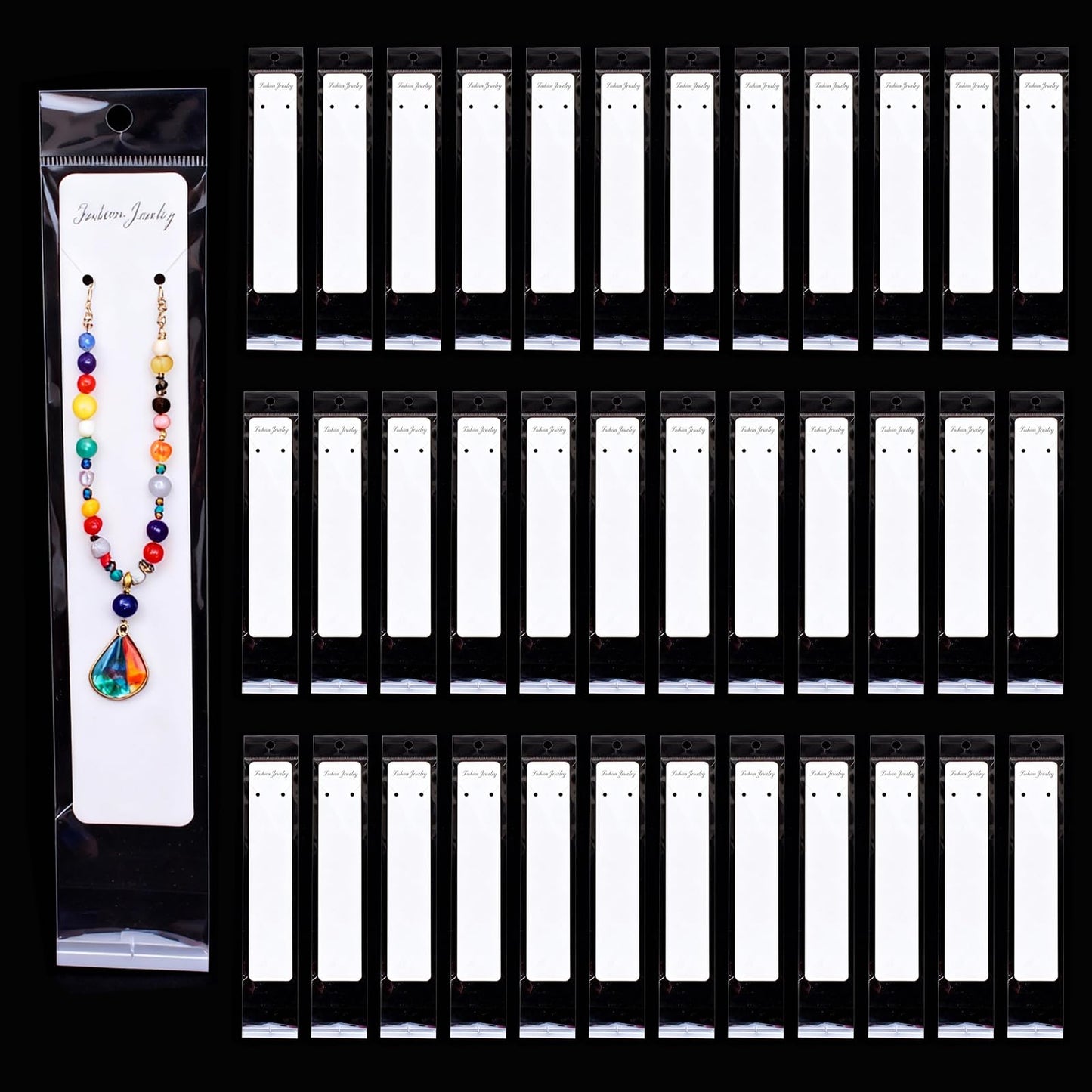 Wzttdm 100 Pcs Necklace Display Card White, 7.5x 1.6 Inch Long Jewelry Holder Cards for Selling, Bracelet Display Cards with Clear Bags for Bracelet Necklace Jewelry Packaging Supplies