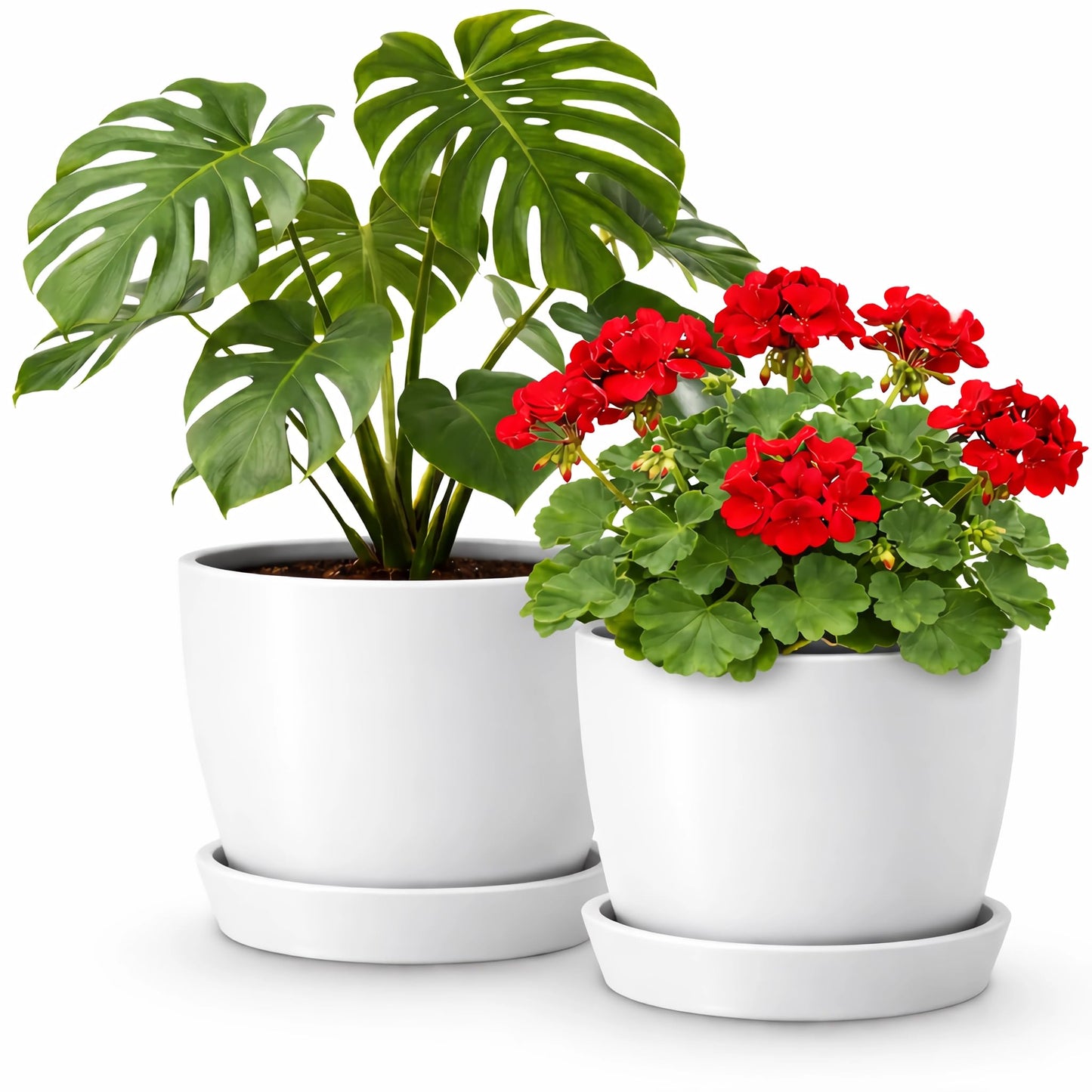Kin 'n' Kind Plastic/Stone/Wood Composite Round Plant Pots, Set of 2 (6.5" & 5.5") with Drainage and Saucers – Indoor/Outdoor Recycled Planters - Ventura Mist White