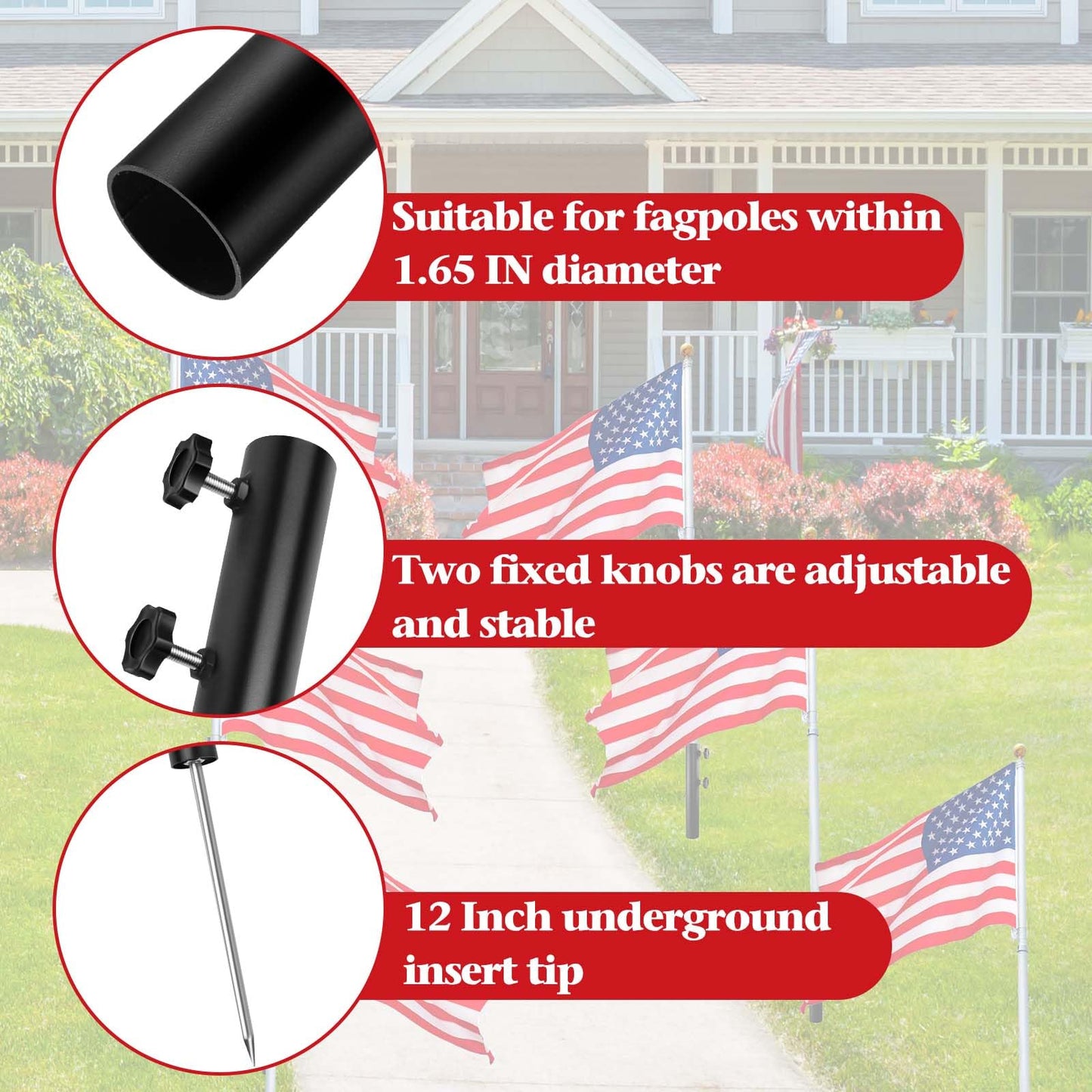 Wenfan Ground Mount for Portable Flagpole, Flag Poles for Outside House, 12 Inch Flag Spike with 12" Extended Tip Adjustable Inground Flagpole Ground Stake 1.65" Dia Beach Flagpole Holder, Black