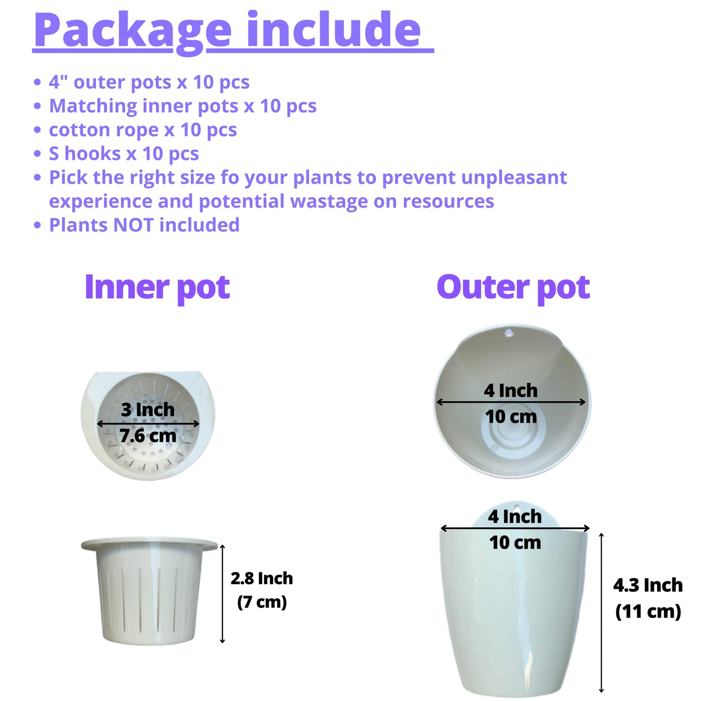 ShopLaLa Bundle- 4" x 10 Pack White Self Watering Plastic Pots + White Wooden Hanging Planters, Vertical Wall Mounted Herb Flower Garden Hydroponic Modern Pot Living Plant Sytem LaLaGreen