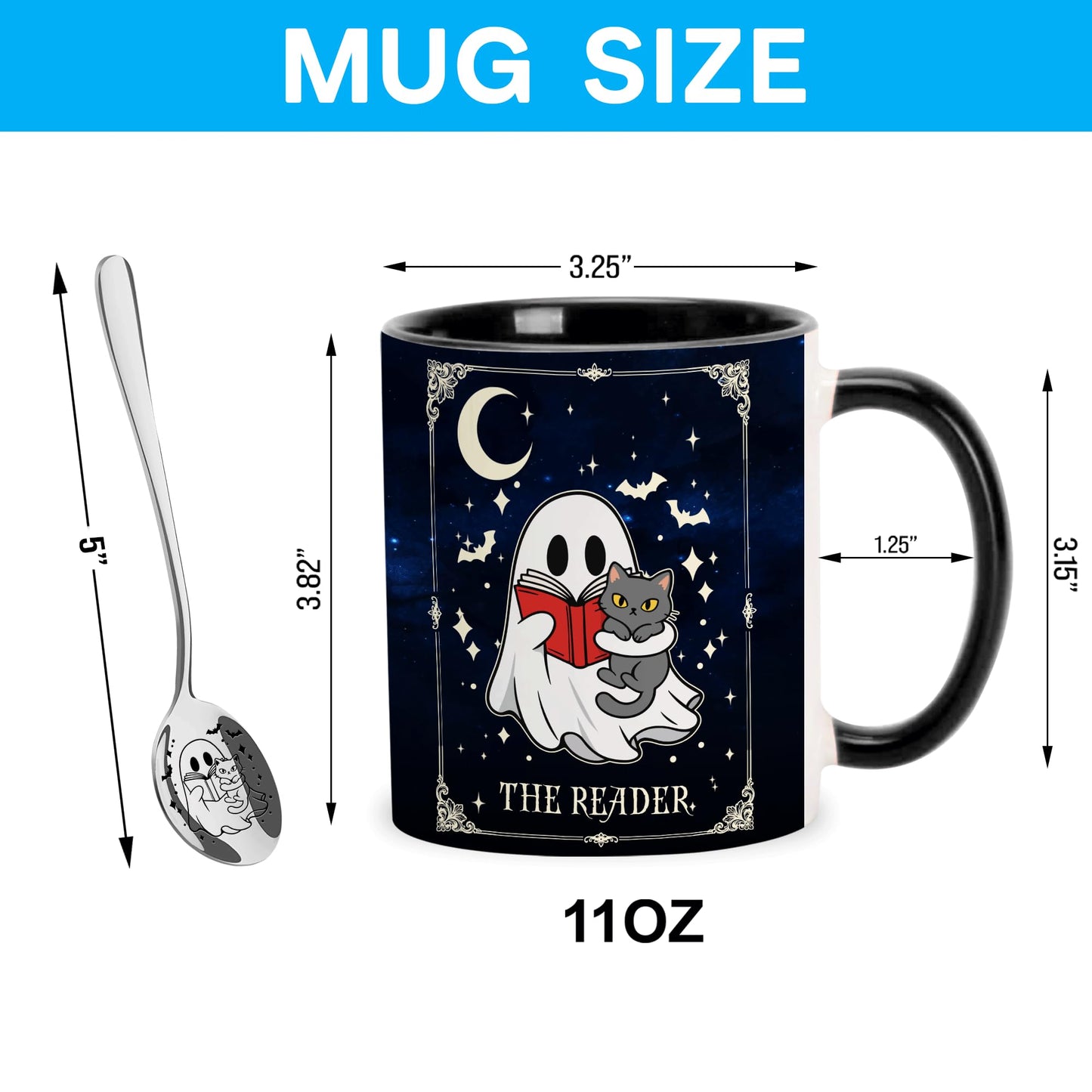 Hyturtle Cute Ghost Reading Coffee Mug with Spoon Gifts on Halloween Birthday, Funny Ghost with Cat Tarot Gifts, Book Lover Presents, Bookish Decor for Readers, Book Club Gift 11oz Ceramic Tea Cup