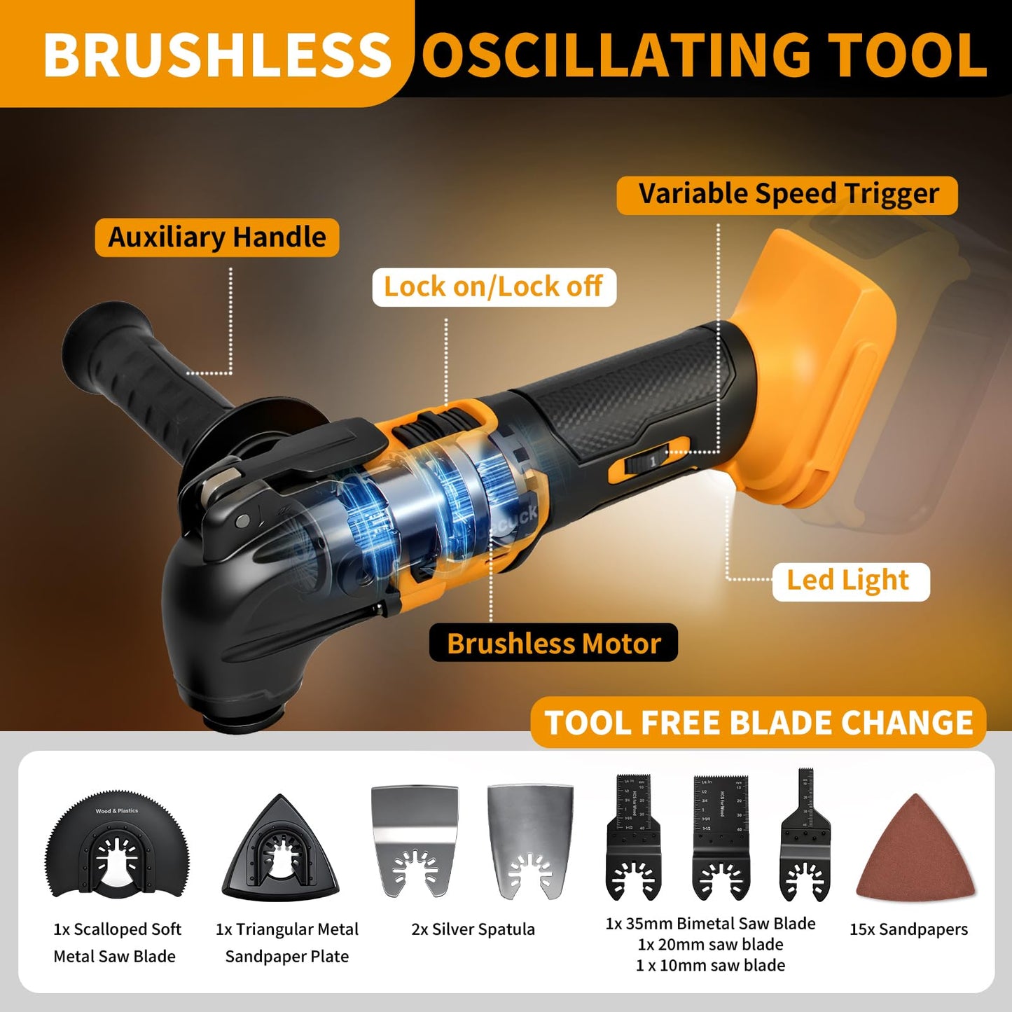 Brushless Oscillating Tool Compatible with DeWalt 20V MAX Batteries(No Battery), 6 Variable Speed Cordless Oscillating Multi-Tool with Accessory Kit for Sanding, Cutting & Scraping