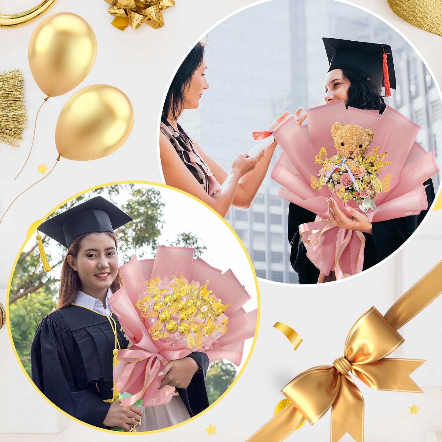 Funnymoom 109 Graduation DIY Chocolate Flower Bouquet Kit 2026 Candy Rose Clear Acrylic Lollipop Ball Holder Floral Wrapping Paper 3D Gold Butterfly Crown Ribbon Grad Gift(Pink)