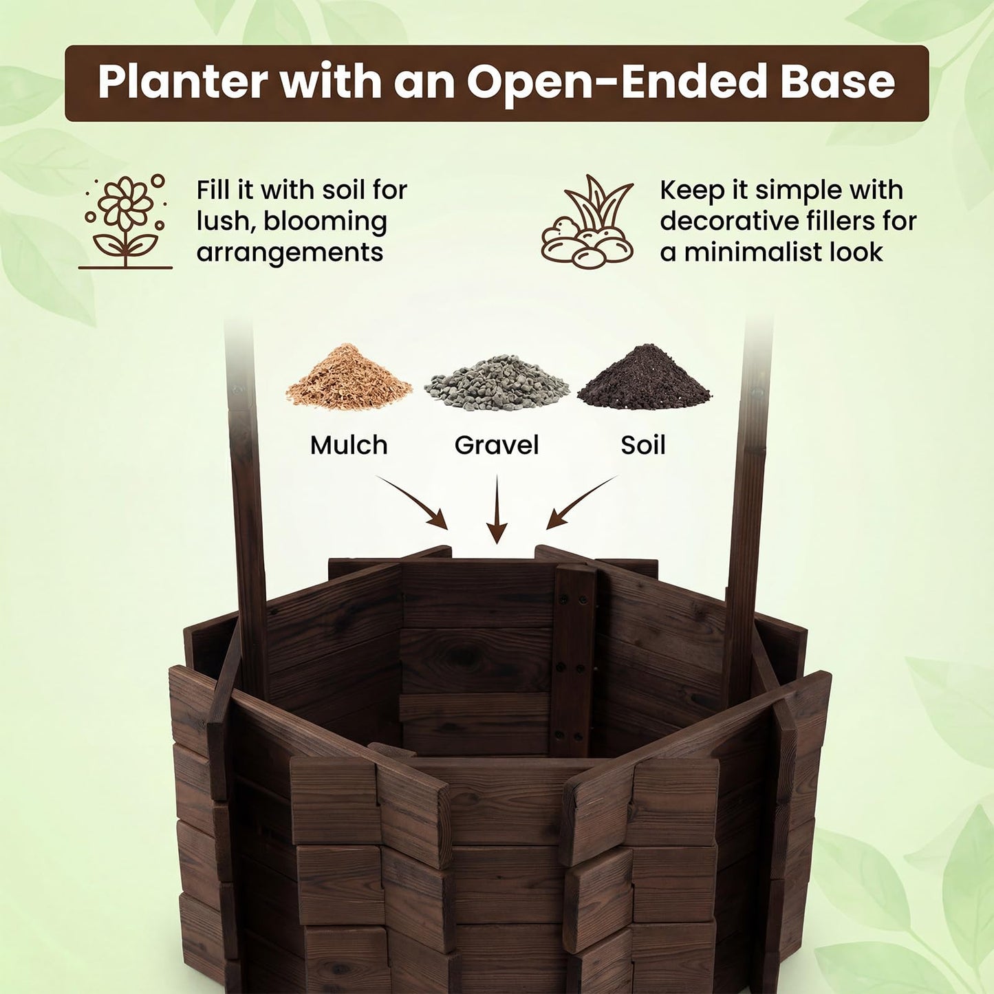 Giantex Wooden Wishing Well Planter with Hanging Bucket, Carbonized Fir Wood Outdoor Garden Planter for Flowers, Rustic Decorative Flower Pot for Yard Patio Deck Home Decor