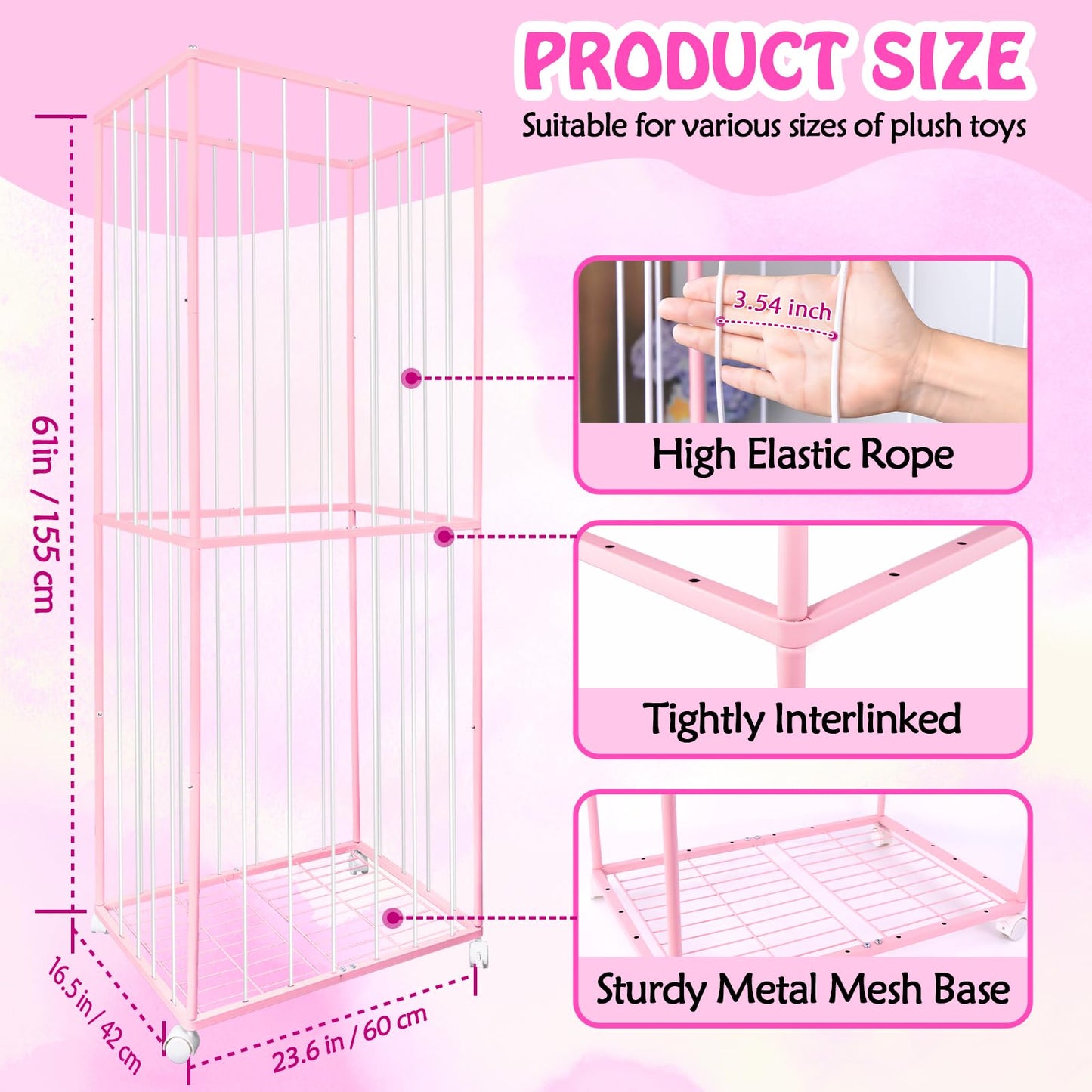 BETBEM Stuffed Animal Storage, Metal Tube Extra Large Toy Storage Organizer with Brake Wheels, Stuffed Animal Holder Zoo Organizer for Nursery Playroom Kids Room Pink(61” x 23.6”x 16.5”)