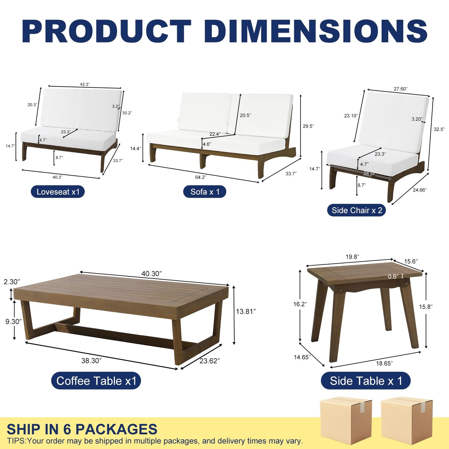 Pia Ricoo 6-Piece Patio Furniture Set, Outdoor Wood Sofa with Loveseat, 2 Chairs, Coffee Table & Side Table, All-Weather Conversation Set for Backyard/Deck/Lawn - Beige