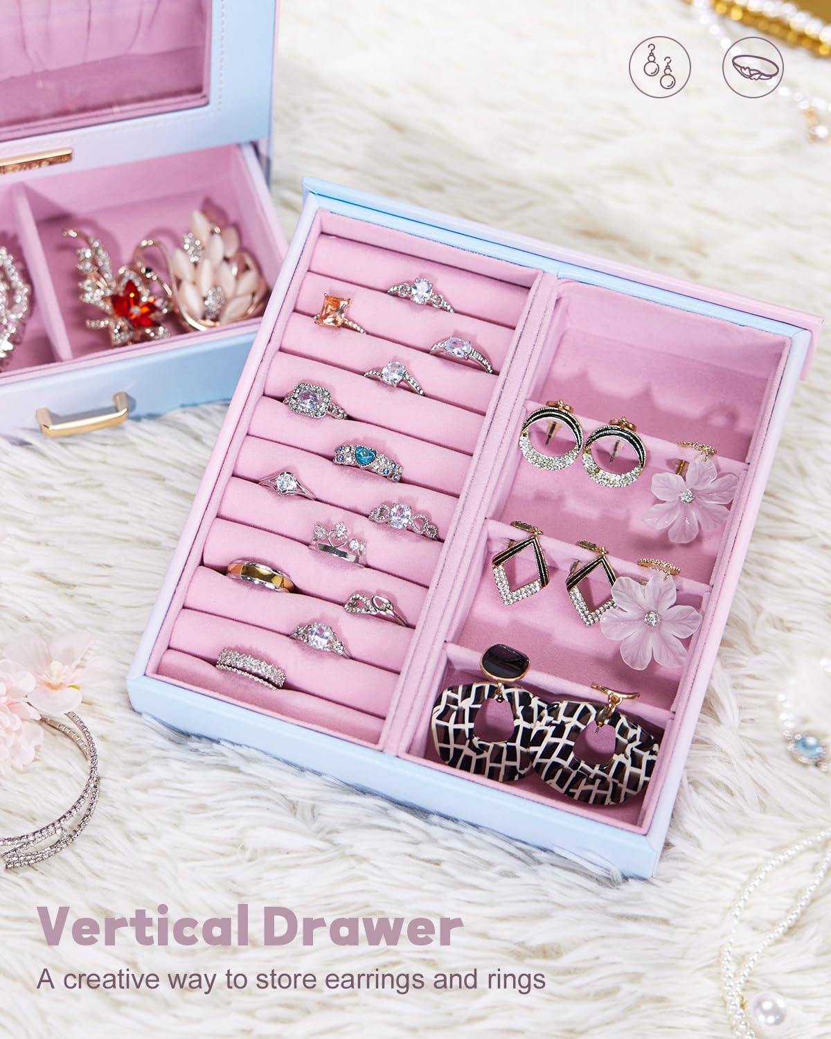 Homde Jewelry Organizer Girls Women Jewelry Box for Necklaces Rings Earrings Gift Bracelets Storage Case (Blue - Pink Gradient + Gold)