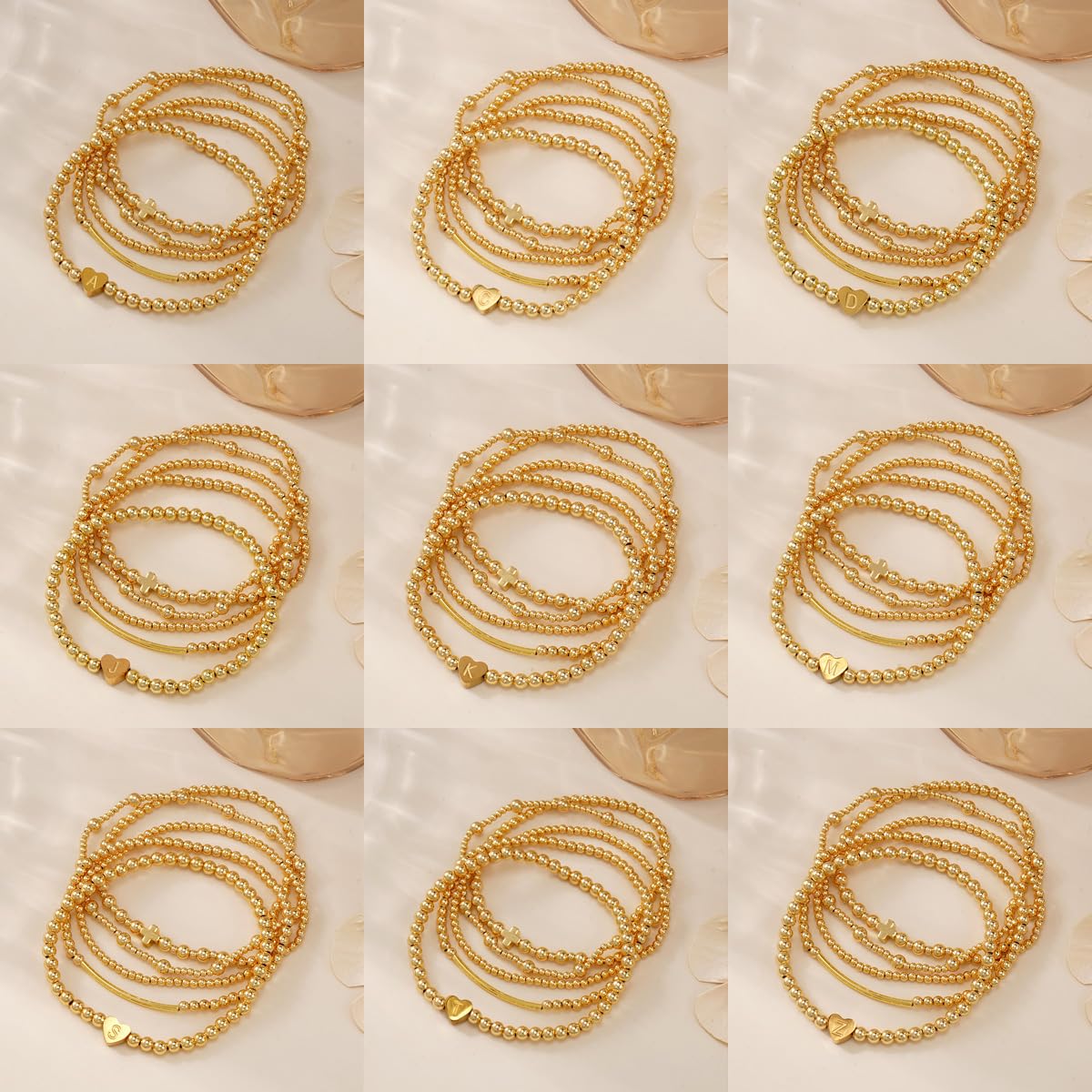 14K Gold Cross Beaded Initial Bracelet Stack for Women,Dainty Stretch Gold Plated Letter “K” Stackable Bracelets Bohemian Layered Prom Party Accessories Jewelry Gift Friendship