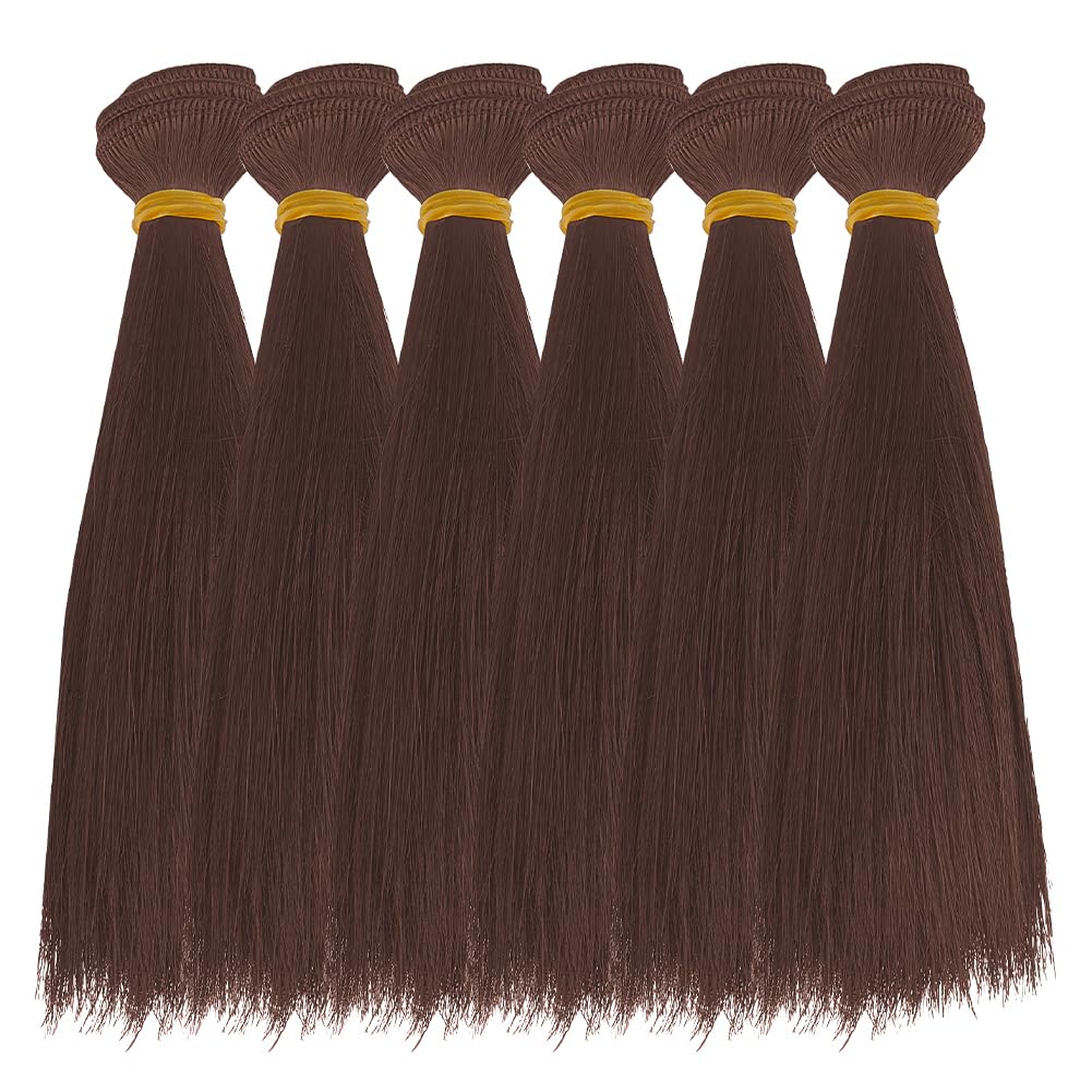 DICOSMETIC 6Pcs Doll Wig Hair 18cm Plastic Straight Short Doll Hair Wefts Dolls Making Kits Dolls Hairs Extensions Coconut Brown Faux Hairs Replacement for Adult DIY Crafts