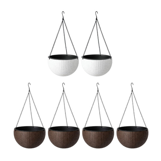 LaLaGreen Bundle- 4 Pack, 11 Inch Brown + 2 Pack, 11 Inch White Self Watering Hanging Plant Pots Round Plastic Flower Baskets with Metal Chain Rattan Style Deck Balcony Decor Porch Patio Indoor Garden
