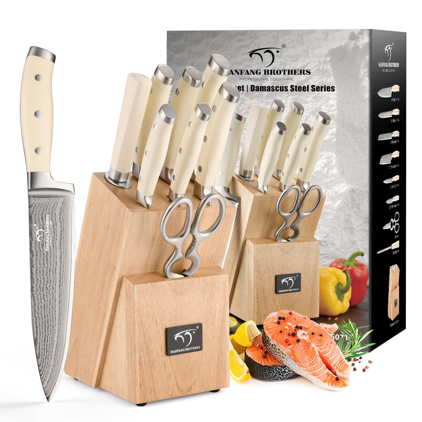 Damascus Kitchen Knife Set, 9 Pieces With Block, White ABS Triple Rivet Ergonomic Handle for Chef Knives, Sharpener and Shears