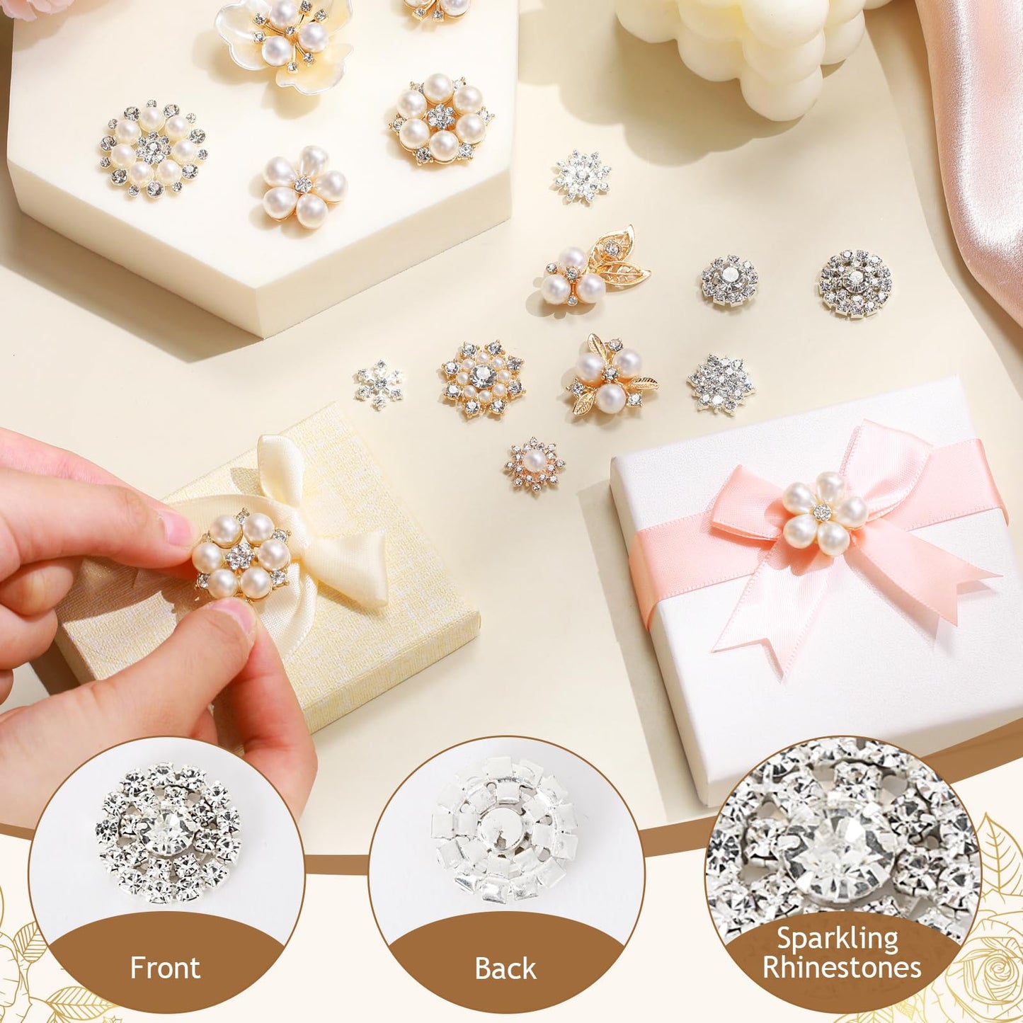 Wavwavw 40 Pcs Flat Back Pearls Rhinestone Buttons for Crafting Faux Pearl Embellishments Bulk for Jewelry DIY Craft Wedding Bouquet Hat Dress Hair Gift Decoration Party Accessories (Gold)