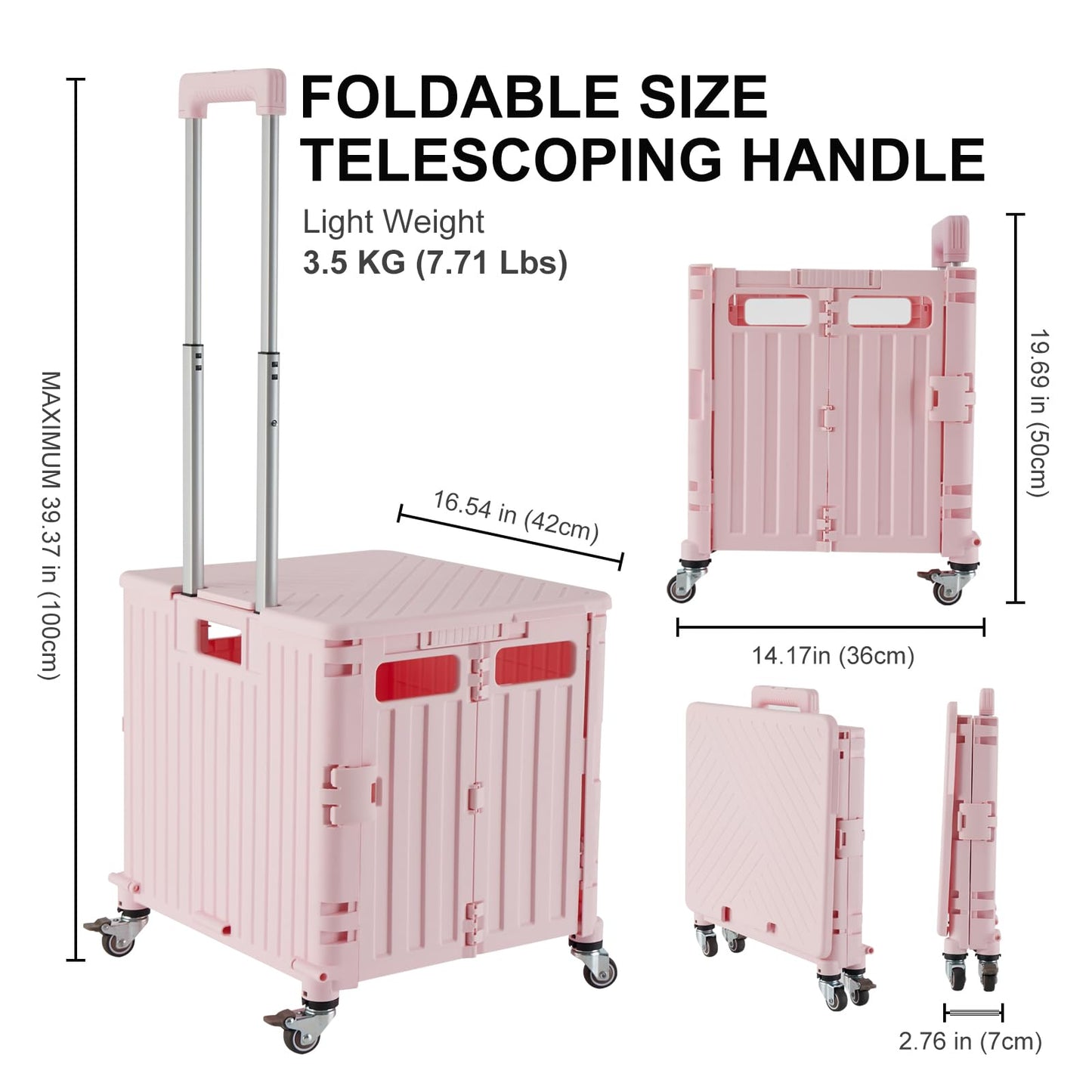 MACOPRO Folding Utility Cart Portable Rolling Crate Handcart Shopping Trolley Collapsible Tool Box, with Lid, Basket on 4 Rotate Wheels, for Grocery, Shopping, Office, Teacher (Pink)